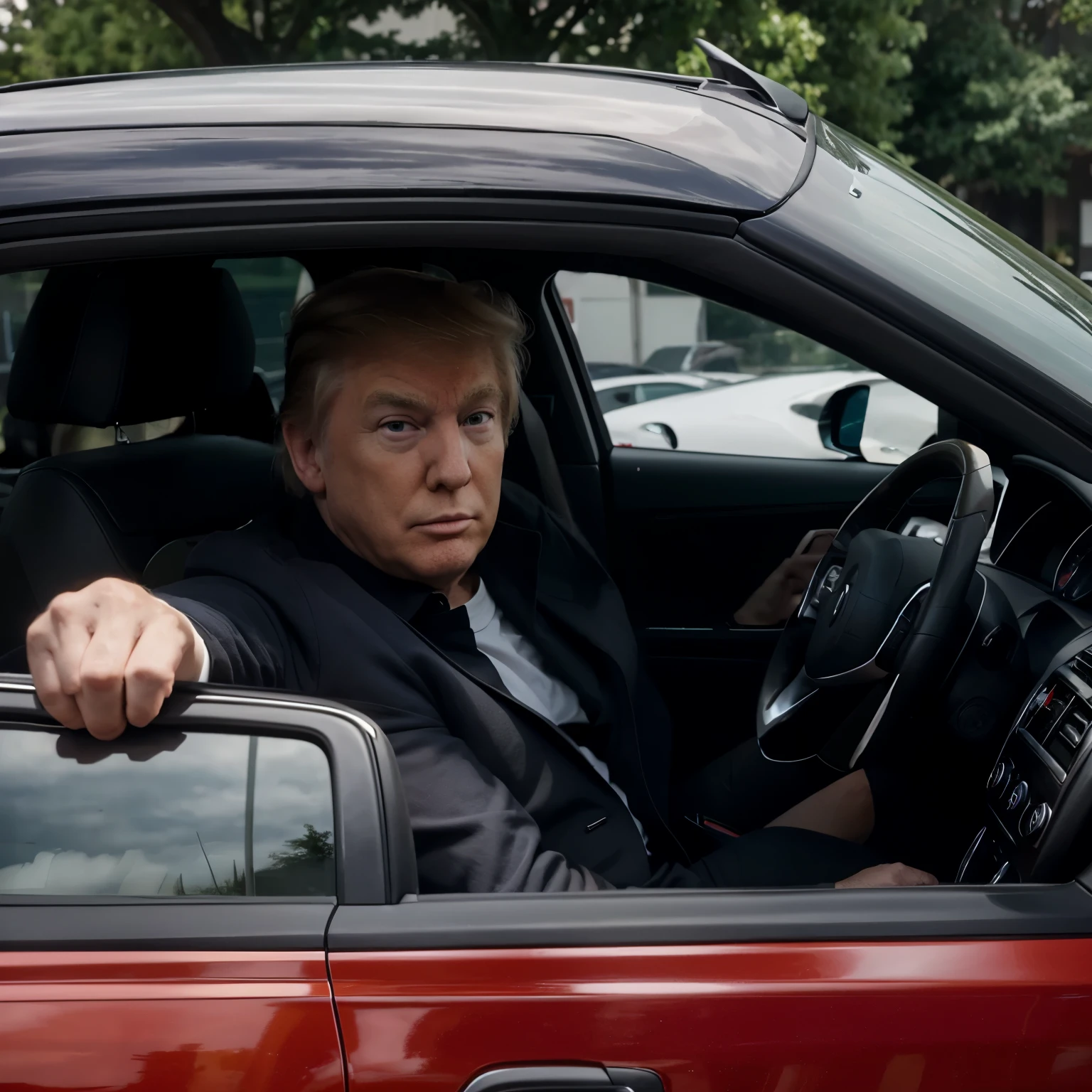 Donald trump driving a hellcat, have him hanging out the window waving an American flag, zoomed in to the driver side window 