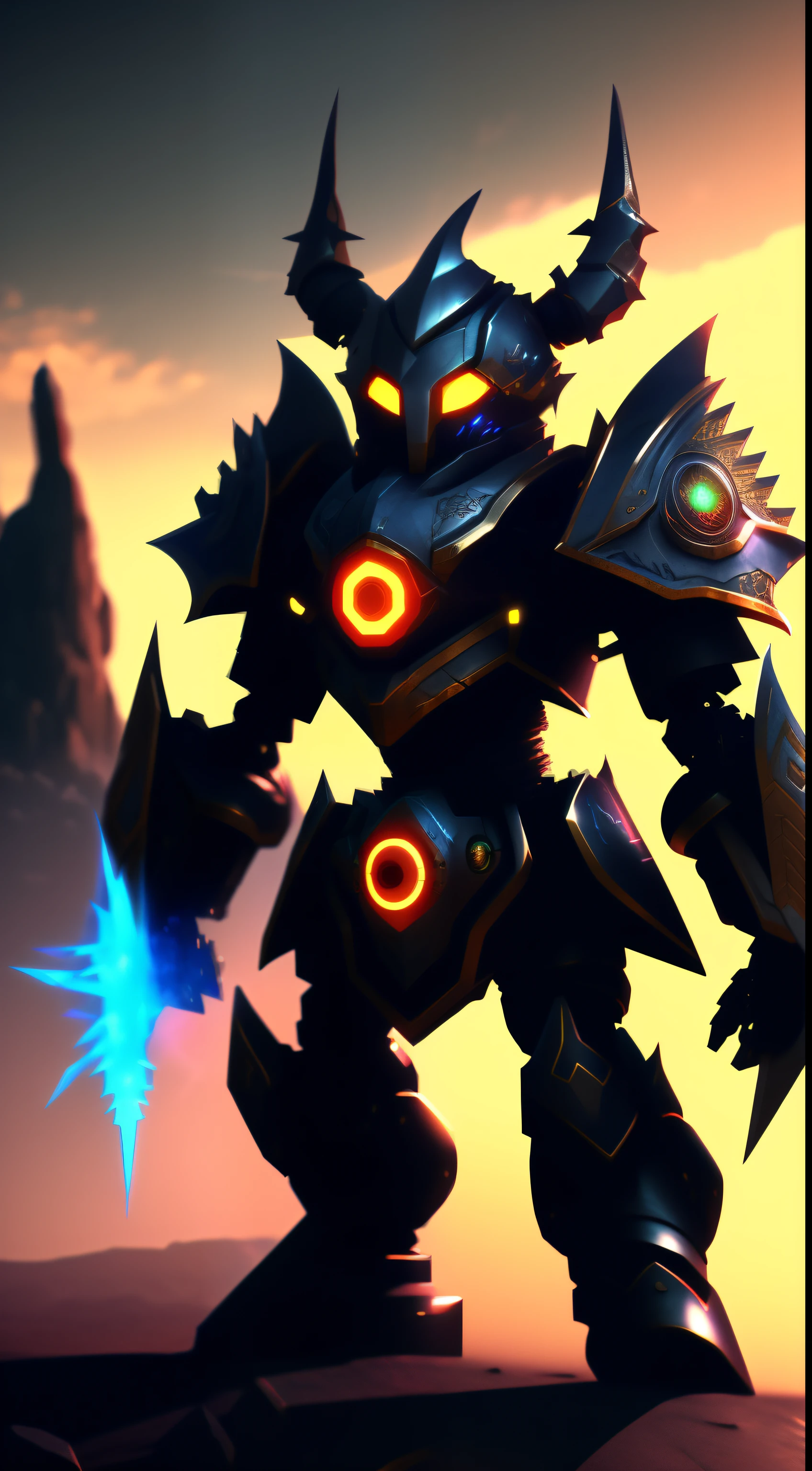 (masterpiece: 1.2), best quality, high resolution, Unity 8k wallpaper, (illustration: 1.0), beautiful and intricately detailed, extremely detailed textures and shading, perfect lighting illuminating every nook and cranny, intricately modeled armor plating with fake horns that emit a subtle, glowing aura, a full armor set with helmet and mask, a sample background featuring a dramatic, ominous landscape, a weapon of unknown origin at the ready, a solitary, humanoid robot figure with glowing eyes and backlit by the setting sun, looking directly at the viewer with a piercing gaze.