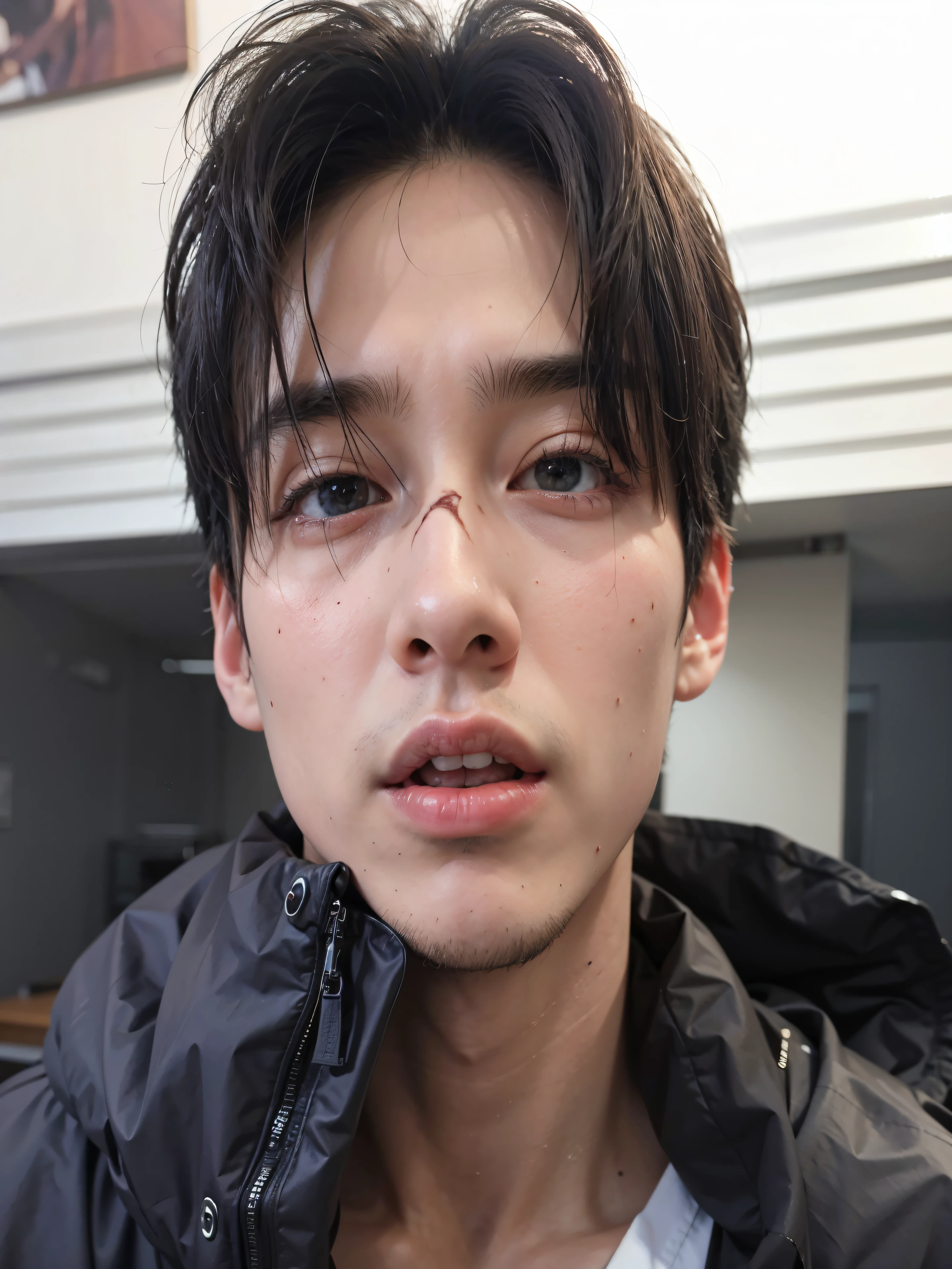Homem com uma jaqueta preta e uma camisa branca, adorable and pale korean face, Yanjun Chengt, Jinyoung Shin, giga chad chorando, cai xukun, your eyes are bleeding a lot, menino musculoso coreano de 2 a 1 anos, olhos gelada taehyung \the right eyelid is swollen, really rosto bonito!!, rosto bonito, harsh rosto bonito