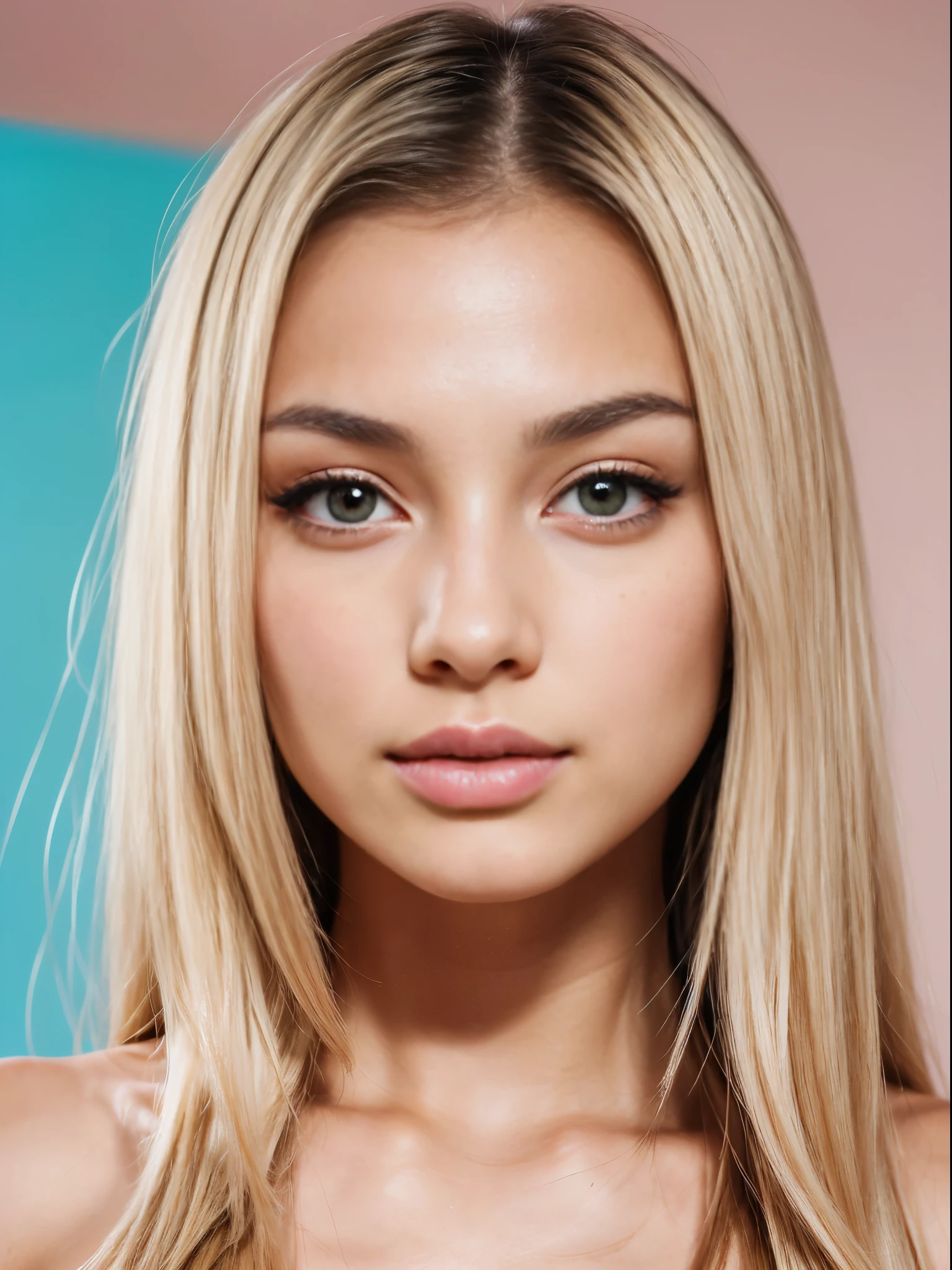 Masterpiece, realistic, highly detailed, best quality, (looking_at_viewer, young feminine 25 years woman, symmetric_face, very_cute_round_face_shape, short_face, small_face, young_face, big_breasts, short_body:1, rounded_chin+jaw, small_jaw, short_jaw, very_cute+very_feminine young_girl, tanned_skin, long_straight_hair, (light_blonde_hair), very_thin_eyebrows, very_thin_brows, round_thin_brows, round_thin_eyebrows, (brown_eyes), big_eyes:0.3, large_eyes:1.3, round_eyes:0.6, symmetric_eyes, mascara:0.8, makeup:1, slim_nose:1, feminine_prominent_cheekbones:1.2, slim_greek_nose, rounded_nose:1, thin_nose:1, thin_nostrils:1, thin_nose_bridge:0.5, thin_nose_tip:1, small_nose_tip:1, feminine_pink_lips, sensual_flirting_expression, wearing_turquoise_lingerie, white_backdrop),(big breasts:1.3)