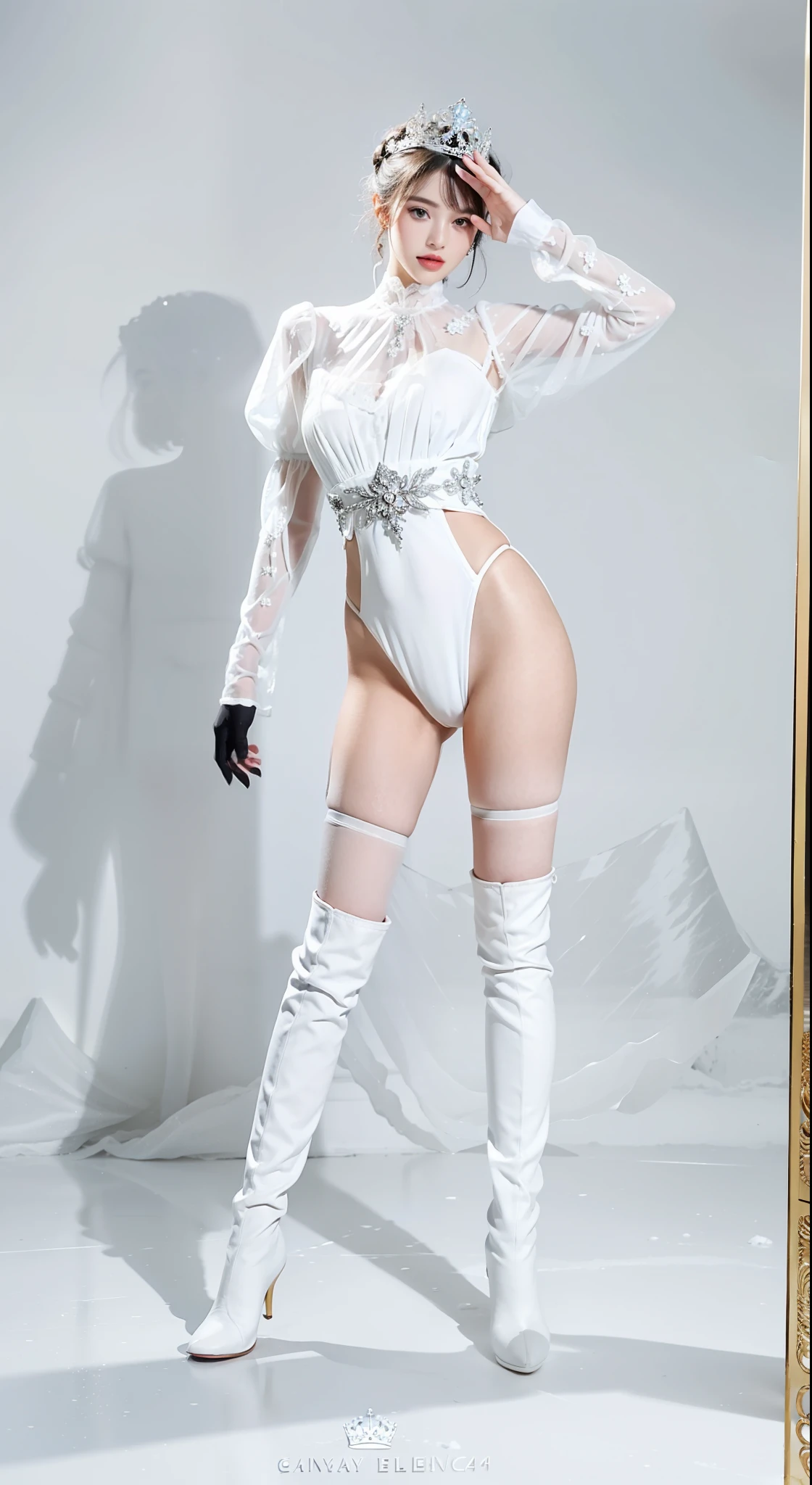 Royal sister,exquisite eyes,Detailed facial expressions body,tall figure,Leg length,4K,HD,translucent lace,Fair and plump figure,pretty face,Little cherry mouth,beautiful and delicious(3D royal sister),exquisite dress,Wear crystal jewelry,Gorgeous crystal gems,Gem and jewelry crown,The colors of the picture are very bright,Gorgeous ice and snow princess,five fingers,Very gorgeous and noble dress,Photo quality,High-end aesthetics,Ornate decoration,five fingers,Fingers straightened,white high heel boots,Wear black gloves