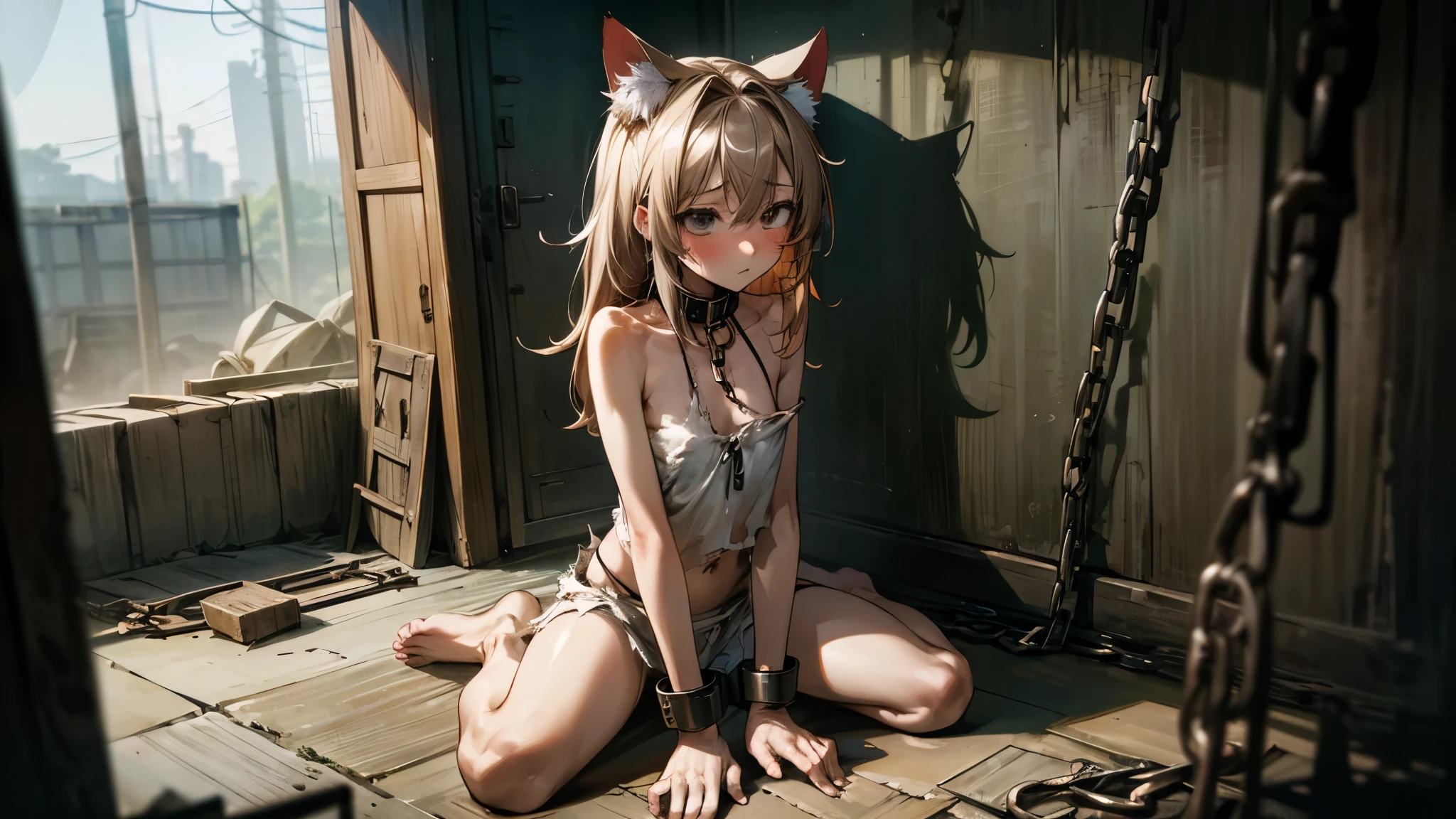 ((Masterpiece)), (Anime:1.3), ((best quality)), (RAW photo:1.2), (High Definition:1.3), (Professional Photography:1.2), (), wide-shot, cinematic lighting, very unruly hair, (tattered and torn skimpy camisole, dirty white camisole), slightly exposed nipples, Slender body, small breasts, (shy and blush), ((long chains)), ((Heavy handcuffs)), (Restrain both hands:1.5), barefoot, Textured skin, cat ears, pale brown hair, Cute Beautiful girl, sit on the ground, slum townscape, looks into the eyes, in shackles, Peeking Breasts, collar, torn clothes, raped, after rape, constantly raped