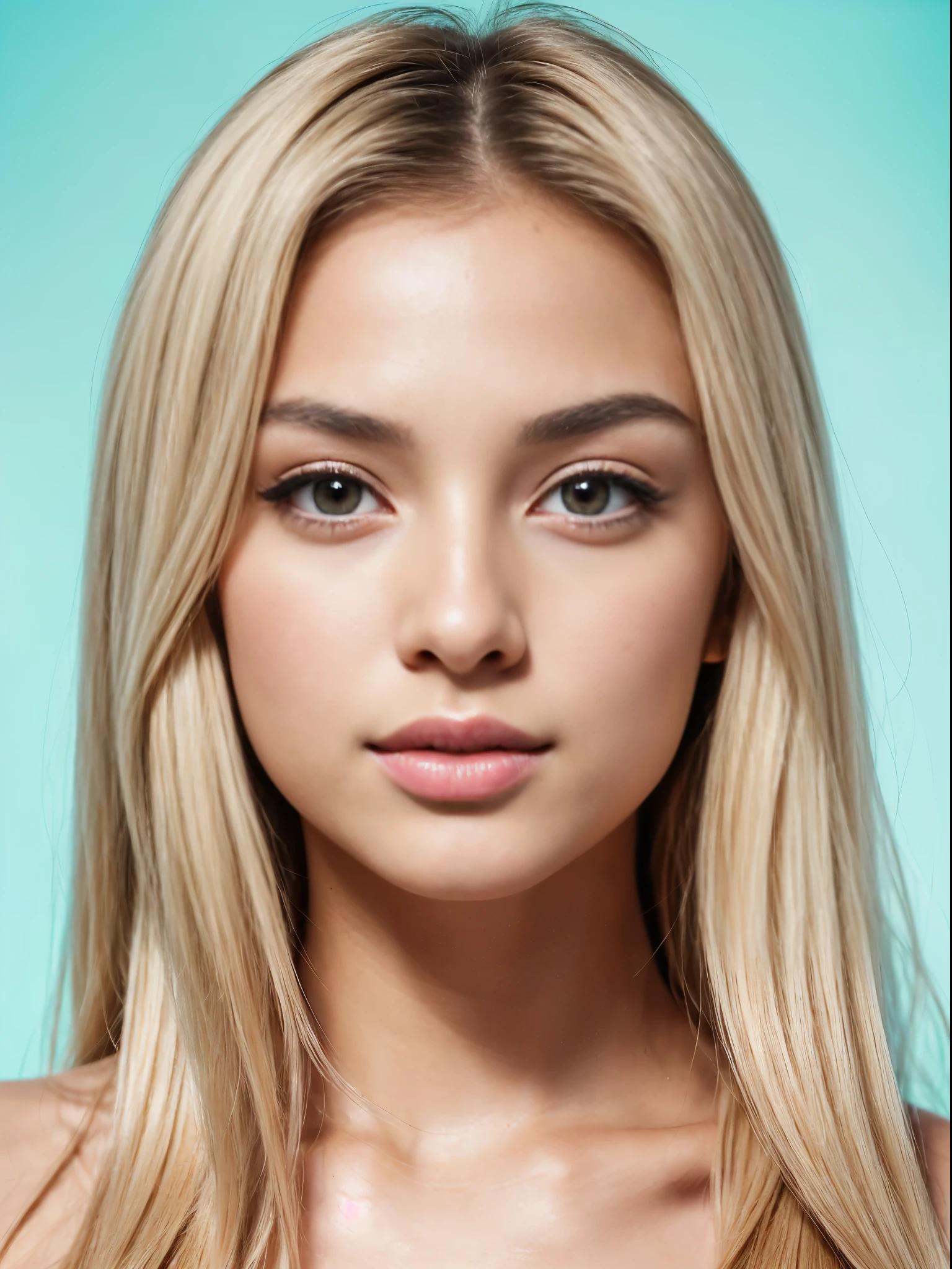 Masterpiece, realistic, highly detailed, best quality, (looking_at_viewer, young feminine 25 years woman, symmetric_face, very_cute_round_face_shape, short_face, small_face, young_face, big_breasts, short_body:1, rounded_chin+jaw, small_jaw, short_jaw, very_cute+very_feminine young_girl, tanned_skin, long_straight_hair, (light_blonde_hair), very_thin_eyebrows, very_thin_brows, round_thin_brows, round_thin_eyebrows, (brown_eyes), big_eyes:0.3, large_eyes:1.3, round_eyes:0.6, symmetric_eyes, mascara:0.8, makeup:1, slim_nose:1, feminine_prominent_cheekbones:1.2, slim_greek_nose, rounded_nose:1, thin_nose:1, thin_nostrils:1, thin_nose_bridge:0.5, thin_nose_tip:1, small_nose_tip:1, feminine_pink_lips, sensual_flirting_expression, wearing_turquoise_lingerie, white_backdrop),(big breasts:1.3)