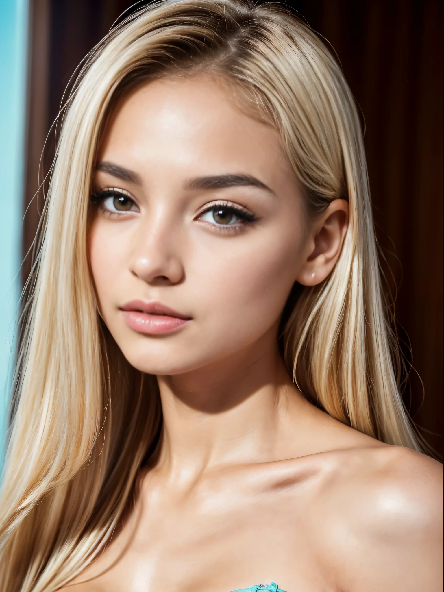 Masterpiece, realistic, highly detailed, best quality, (looking_at_viewer, young feminine 25 years woman, symmetric_face, very_cute_round_face_shape, short_face, small_face, young_face, big_breasts, short_body:1, rounded_chin+jaw, small_jaw, short_jaw, very_cute+very_feminine young_girl, tanned_skin, long_straight_hair, (light_blonde_hair), very_thin_eyebrows, very_thin_brows, round_thin_brows, round_thin_eyebrows, (brown_eyes), big_eyes:0.3, large_eyes:1.3, round_eyes:0.6, symmetric_eyes, mascara:0.8, makeup:1, slim_nose:1, feminine_prominent_cheekbones:1.2, slim_greek_nose, rounded_nose:1, thin_nose:1, thin_nostrils:1, thin_nose_bridge:0.5, thin_nose_tip:1, small_nose_tip:1, feminine_pink_lips, sensual_flirting_expression, wearing_turquoise_lingerie, white_backdrop),(big breasts:1.3)
