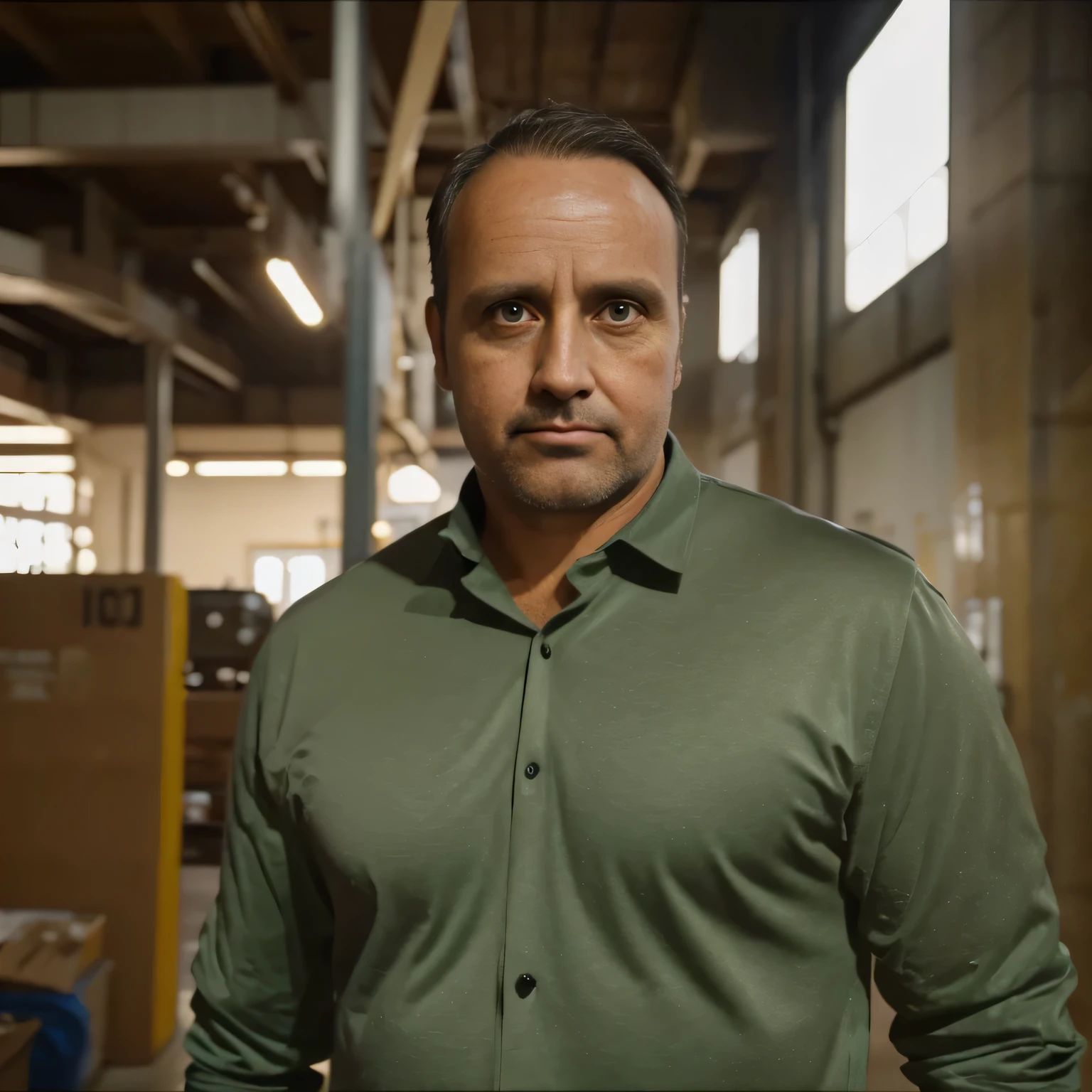 Pretty person. ultra-high resolution, man, approximately 40 years old, brown eyes and hair, short hair, photorealistic, , (modern scene: 1.3), Director of Photography, 4k, (photorealistic: 1.4), cinematic lighting, a handsome man in his 40s in an industrial environment. Full front appearance