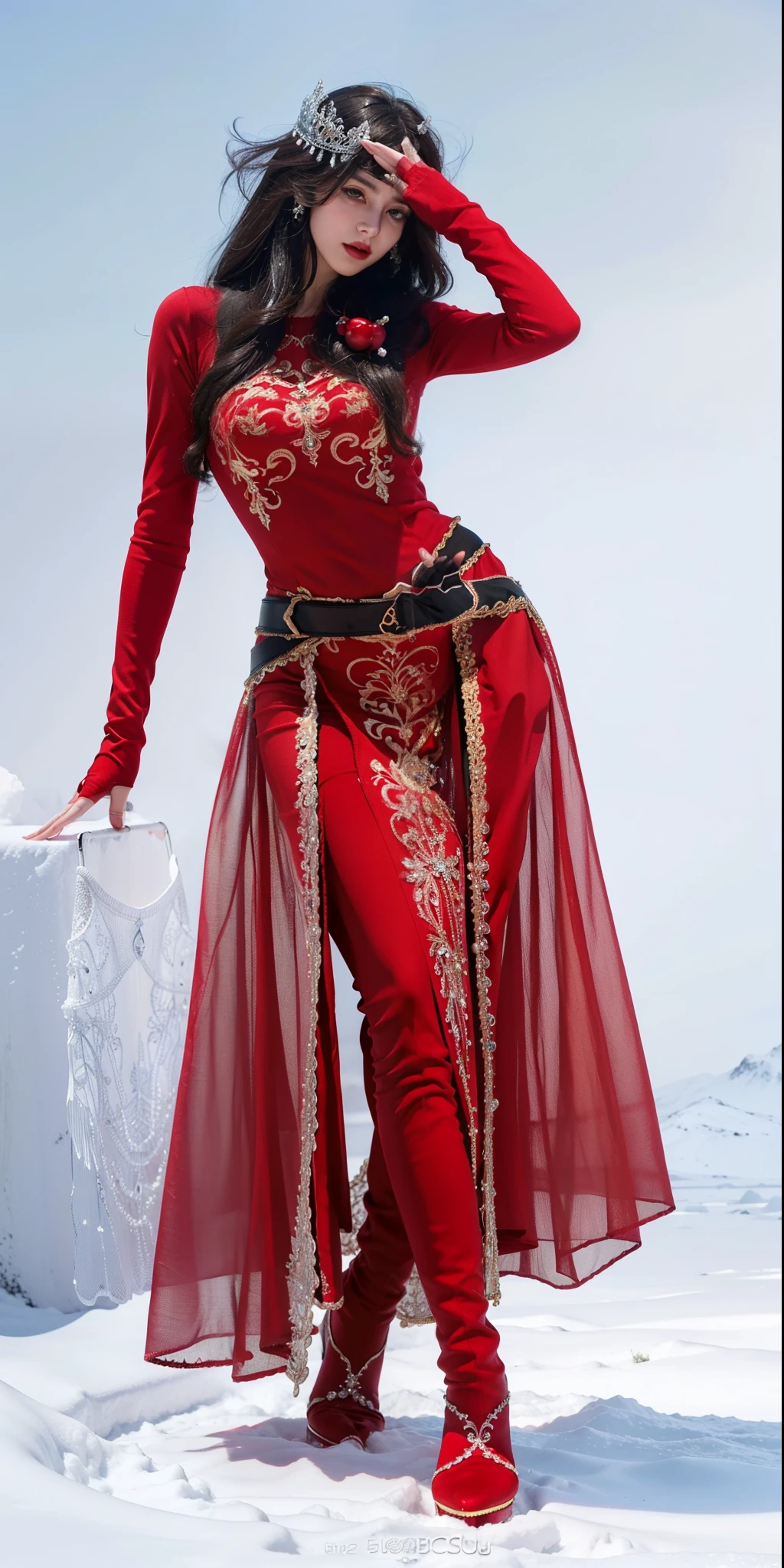 Royal sister,exquisite eyes,Detailed facial expressions body,tall figure,Leg length,4K,HD,translucent lace,Fair and plump figure,pretty face,Little cherry mouth,beautiful and delicious(3D royal sister),exquisite dress,Wear crystal jewelry,Gorgeous crystal gems,Gem and jewelry crown,The colors of the picture are very bright,Gorgeous ice and snow princess,five fingers,Very gorgeous and noble dress,Photo quality,High-end aesthetics,Ornate decoration,five fingers,Fingers straightened,Red high heeled boots,wear gloves