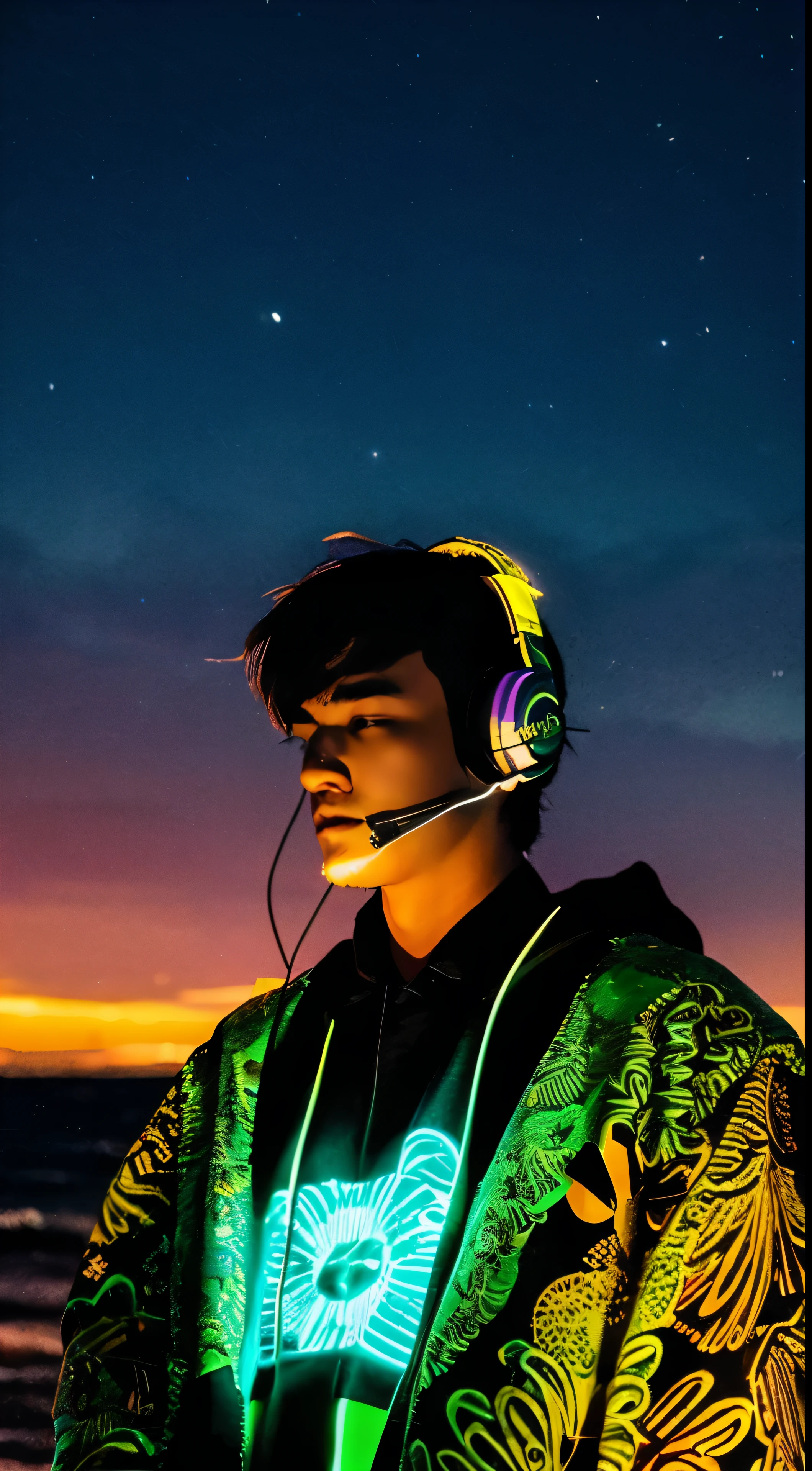 (nvinkpunk:1.2)、(SNTHWVE STYLE:0.8)、DJ Eagle has intricate, highly detailed plumage and textured plumage.、Wearing headphones decorated with glowing neon lights、Soaring against the backdrop of a wave-like landscape illuminated by the sunset.、A pattern of light waves flickers across the sky。