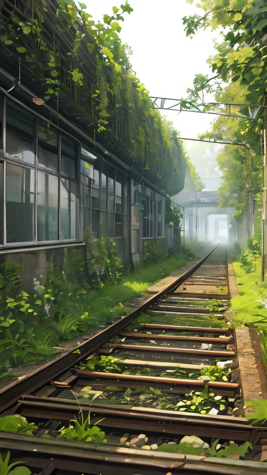 A deserted, overgrown railway track disappearing into the distance, with remnants of an abandoned train station covered in ivy, hinting at forgotten journeys and lost connections.