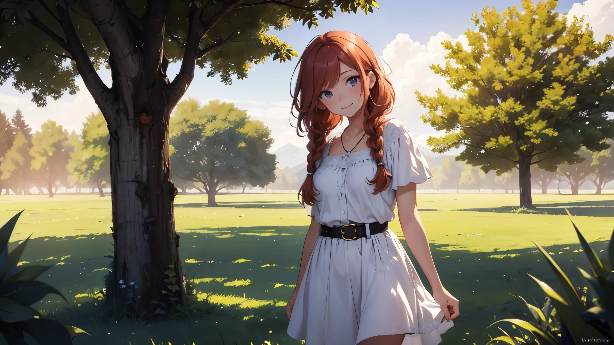 ((masterpiece,best quality,ultra detailed,ultra high res,detailed country yard background)), soft realistic focus, dynamic shadows, realistic image, vibrant colors,light leaks,dreamy atmosphere,chiaroscuro,BREAK
experimental charm, The girl is depicted in full growth, you see the girl from head to toe, nostalgic appeal, country girlfriend, she take you with yourself, simple open short dress, soft mischievous smile, freckles, shiny light red hair, big sister pose, thick braids, hands resting on the hips on the belt and legs widely spaced, slightly leaning forward, flashback of memories, endless summer, distant childhood