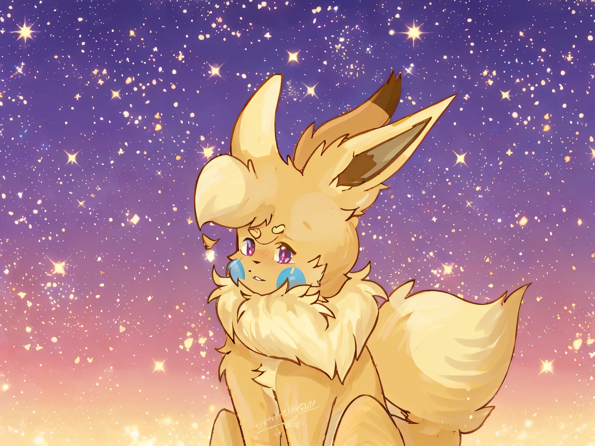 anime - imagem estilo de uma raposa peluda com olhos azuis e nariz, eevee, estrelas em seus olhos fixos, Derretendo em Jolteon, arte peluda muito linda, retrato de Zeraora, furaffinity commission, arte fursona, nove contos, orelhas fofas e um longo, inspirado no Mestre Kanbun, fofo cheio de luz, fanart detalhada