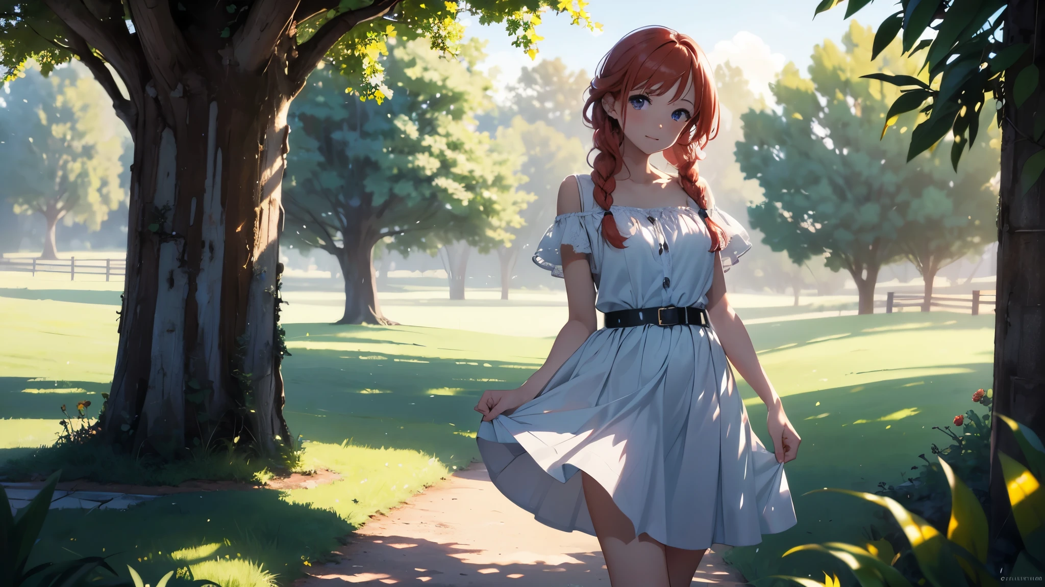((masterpiece,best quality,ultra detailed,ultra high res,detailed country yard background)), soft realistic focus, dynamic shadows, realistic image, vibrant colors,light leaks,dreamy atmosphere,chiaroscuro,BREAK
experimental charm, The girl is depicted in full growth, you see the girl from head to toe, nostalgic appeal, country girlfriend, she take you with yourself, simple open short dress, soft mischievous smile, freckles, shiny light red hair, big sister pose, thick braids, hands resting on the hips on the belt and legs widely spaced, slightly leaning forward, flashback of memories, endless summer, distant childhood