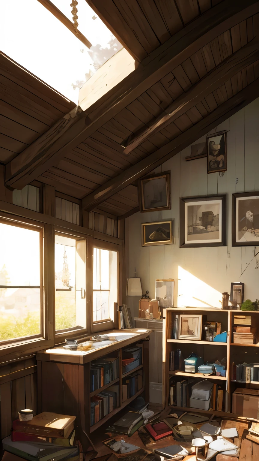 An attic filled with dusty, forgotten treasures from years past: vintage toys, faded photographs, and discarded books, all bathed in the soft glow of sunlight filtering through cobweb-covered windows.