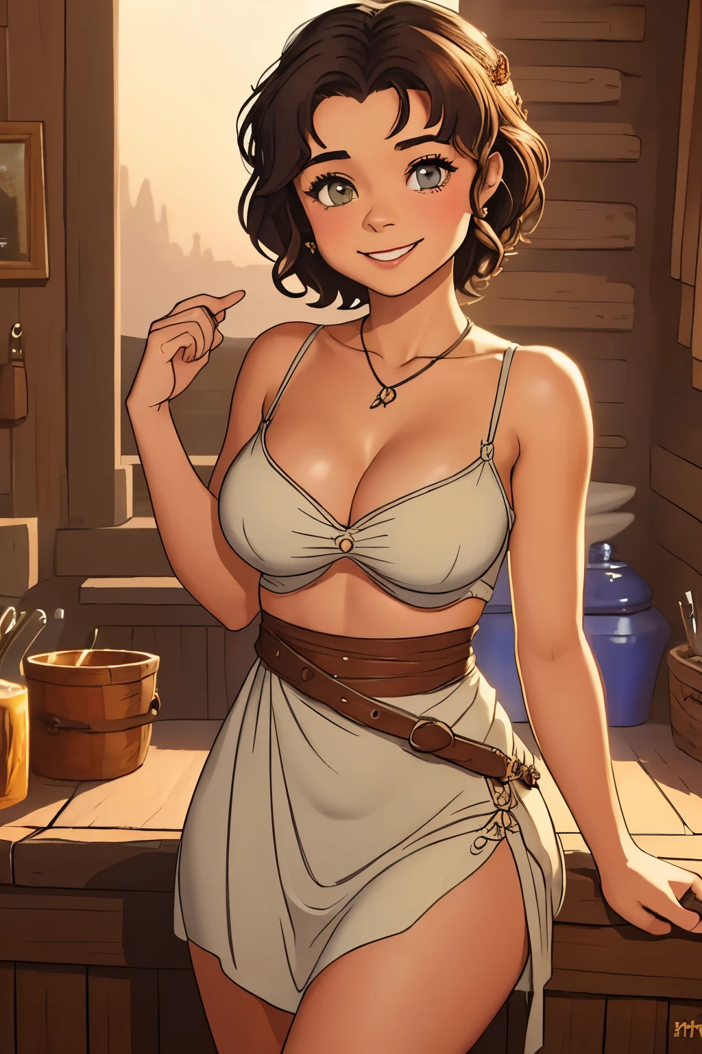 (((Masterpiece))), high detailed, high resolution, 8k, gorgeous girl ("Marion Ravenwood" + "Sarah Hyland"), smiling, nice perfect big breasts, very short pixie hair style, very voluptuous large hips