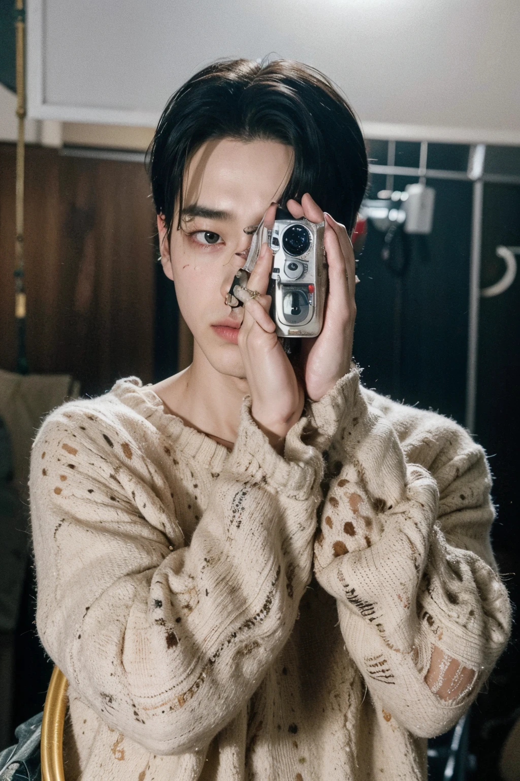 There's a man taking a picture with a camera in a mirror, com pistola, Jung Jaehyun, Jimin, Levi Ackerman, Kim Doyoung, taejune kim, olho estranho, park Jimin, aesthetic photo, Jinyoung Shin, hyung tae, Jungkook, Jimin\the right eyelid is swollen, still from a live action film