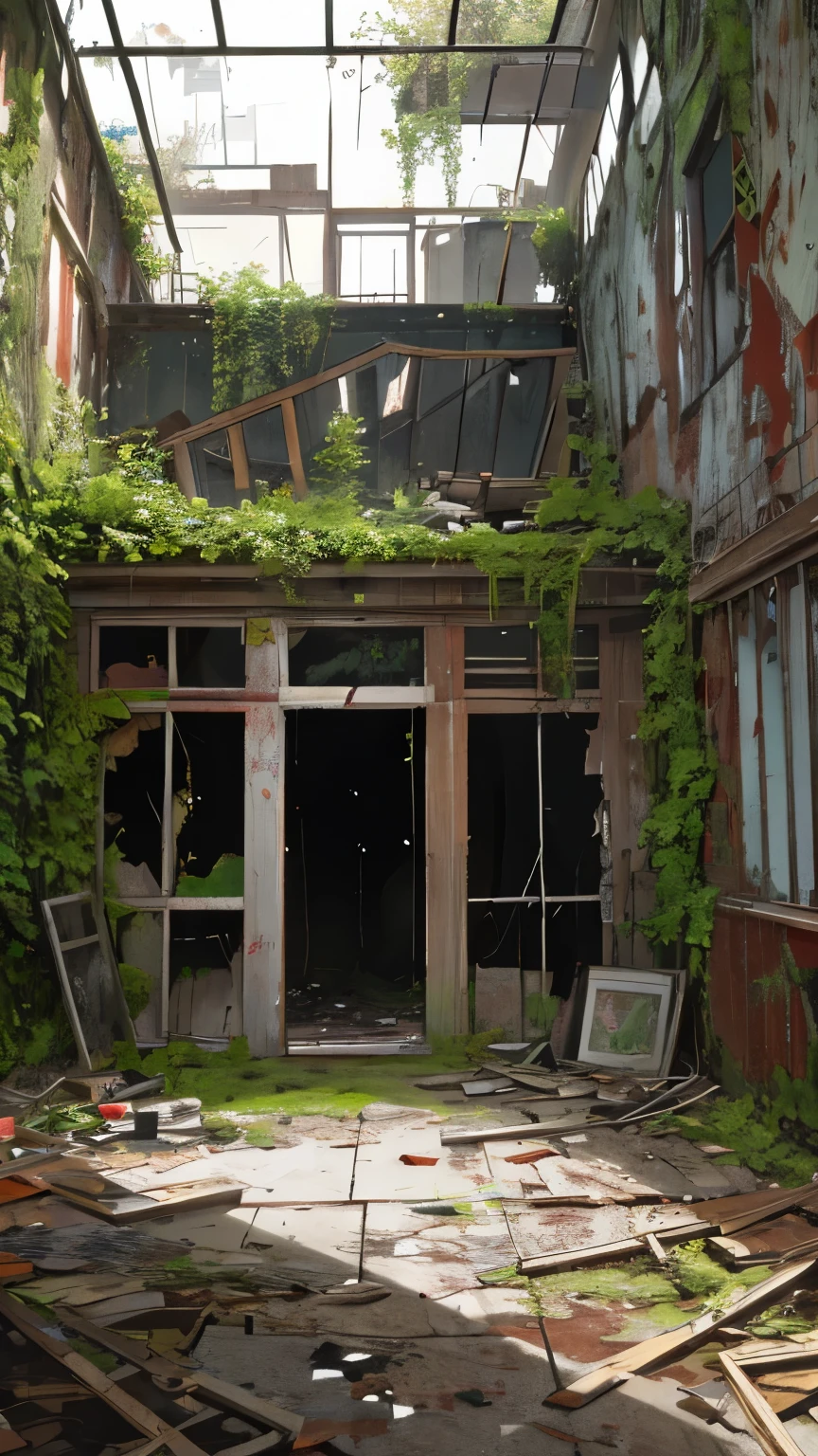 A dilapidated, Victorian-era mansion surrounded by overgrown gardens, with broken windows and peeling paint revealing glimpses of a once-grand interior now lost to time and neglect.