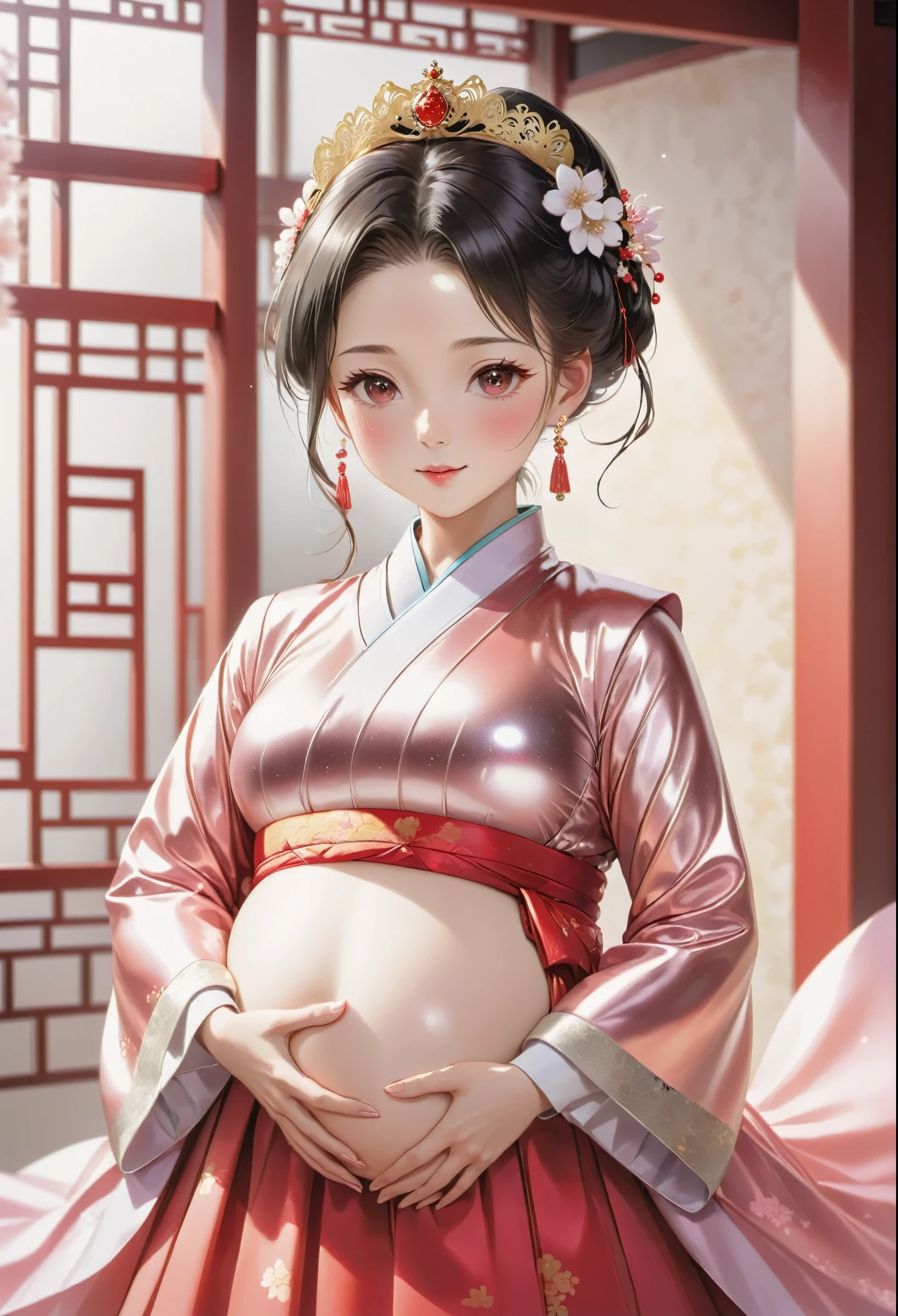 China　Princess　（儀modeで妊娠させられる）　pregnant woman　blush　　Functionality　shiny red long sleeve clothes　Hanbok　　milking　Mother　breast milk　child　mode