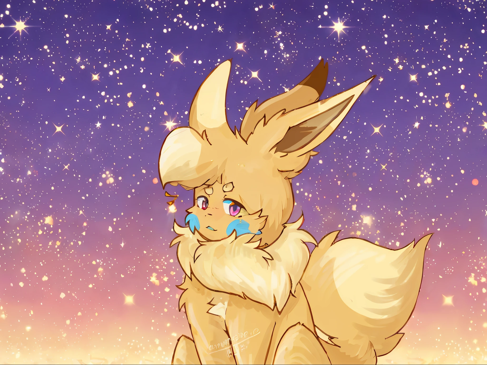 anime - imagem estilo de uma raposa peluda com olhos azuis e nariz, eevee, estrelas em seus olhos fixos, Derretendo em Jolteon, arte peluda muito linda, retrato de Zeraora, furaffinity commission, arte fursona, nove contos, orelhas fofas e um longo, inspirado no Mestre Kanbun, fofo cheio de luz, fanart detalhada