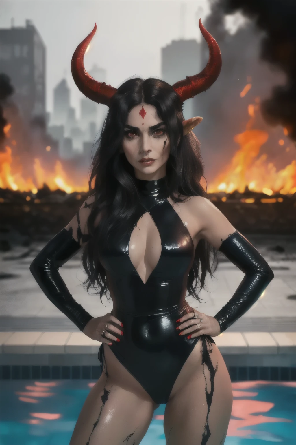 A woman, (((solo))), (55 years old, with grey skin, tall, , ,round face, square jaw, mad look, completely red eyes, long black hair with side bangs: 1.50, thick black eyebrows, straight face), (she has two horns  on temples and a large portal like hole in the middle of his forehead: 1.30) (she is a evil queen , wears a costume revealing slip in red and black, (, with her hands on hips, in an a hell like city, with black  charred  structures, with a pool of red in the background, 