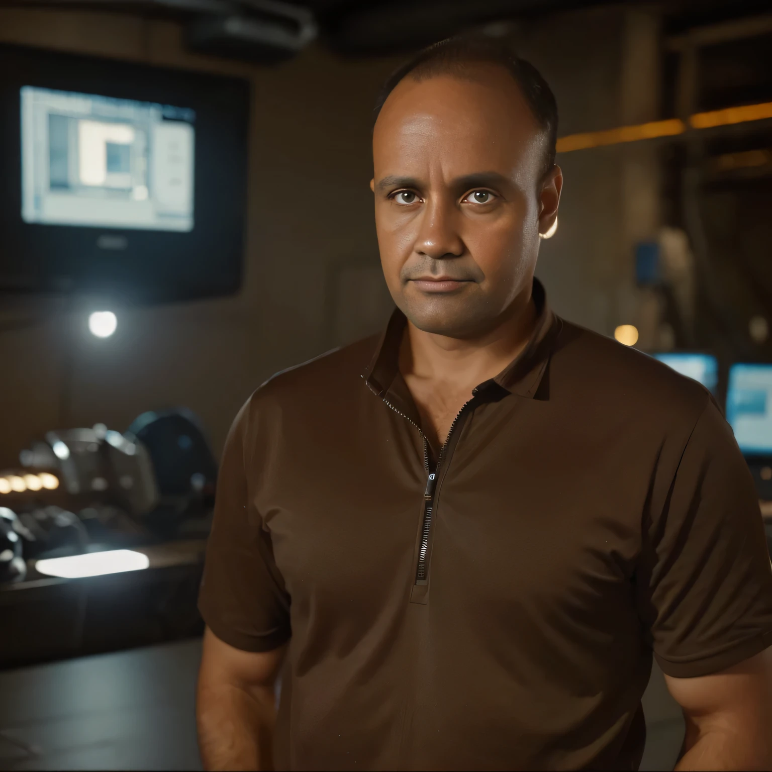 Pretty person. ultra-high resolution, man, approximately 40 years old, brown eyes and hair, short hair, photorealistic, , (modern scene: 1.3), Director of Photography, 4k, (photorealistic: 1.4), cinematic lighting, an electrical engineer, in a industrial environment with machines and electrical panels. Full front appearance