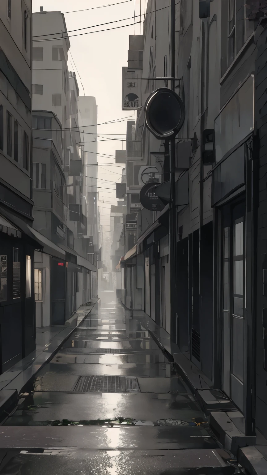 An empty, dimly lit street in a rain-soaked city, with flickering streetlights casting long shadows on deserted sidewalks, evoking a sense of loneliness and longing for days gone by.