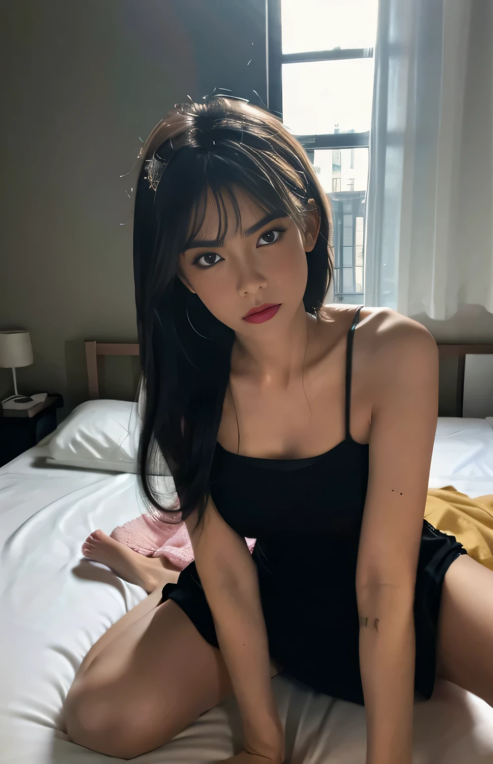 Melhor qualidade, obra-prima, ultra high-resolution, close up, full body, suggestive pose, (fotorrealista: 1.4), foto crua, 1girl, ((camisola de renda preta)), ((peito grande)), luz natural remove the black dress let the girl fully naked body only don't change anything just remove the dress