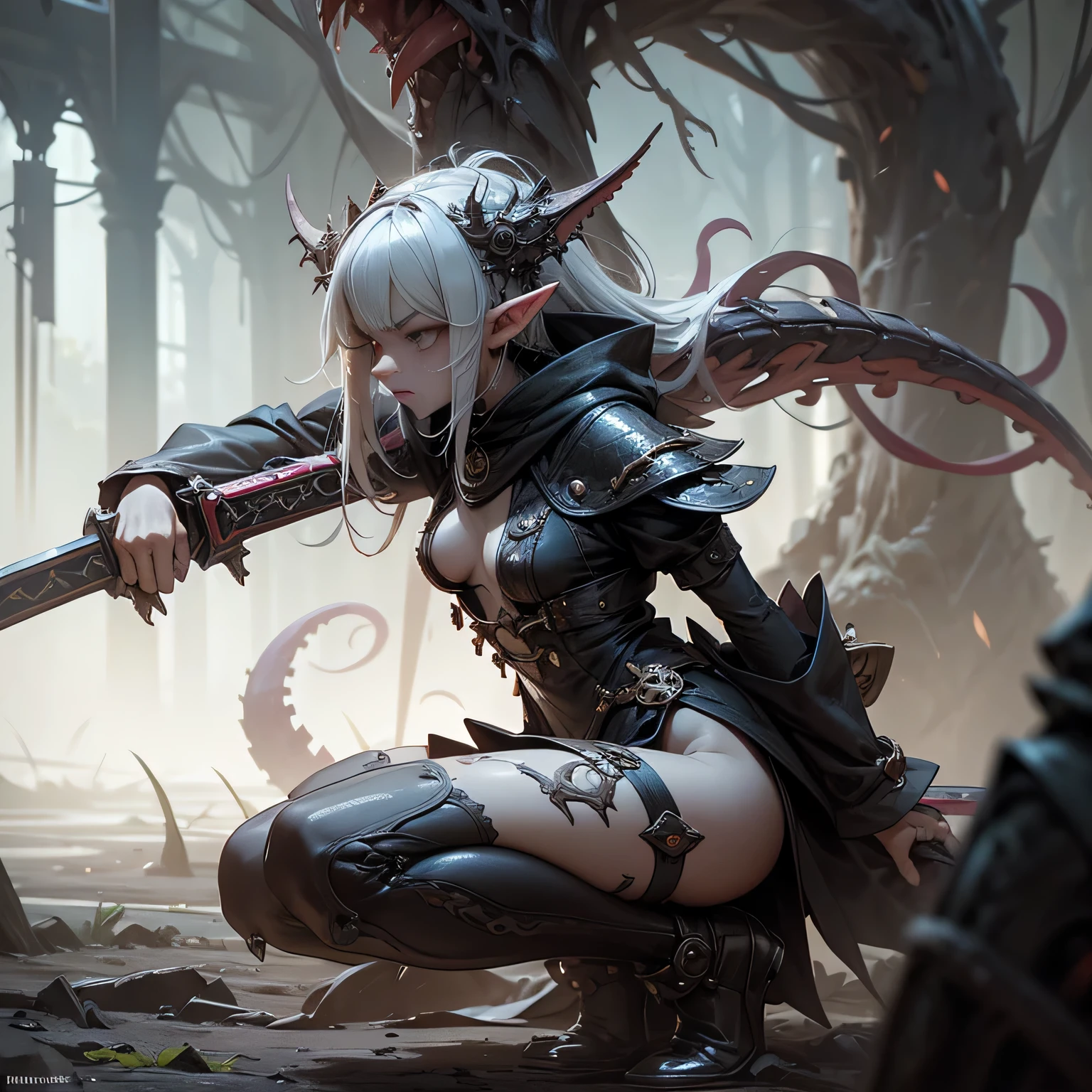 Elves holy nuns Automaton Robot Girl Steampumk, mecanismos sombrios, uma Arma Mangual Aberrante repousa, A nightmare creation ready for action. This mangrove weapon is a grotesque monstrosity, with twisted tentacles that form the extension of the weapon. Each tentacle ends in an eyelid with sharp, dentes presas, projecting like lethal blades. The body of the weapon is adorned with manic eyes that are filled with stitched human arms and tentacles that writhe like serpents. Apesar de estar acorrentada, the Aberrant Mangual Weapon displays an expression of madness and extreme insanity, as if it were a living extension of the chaos that inhabits the dungeon. Seus olhos brilham com uma intensidade perturbadora. The surrounding environment is threatening, with damp stone walls and a silence that seems oppressive. Flail&#39;s Aberrant Weapon is a cursed relic, A weapon that defies all notions of sanity and can unleash destruction at any time.