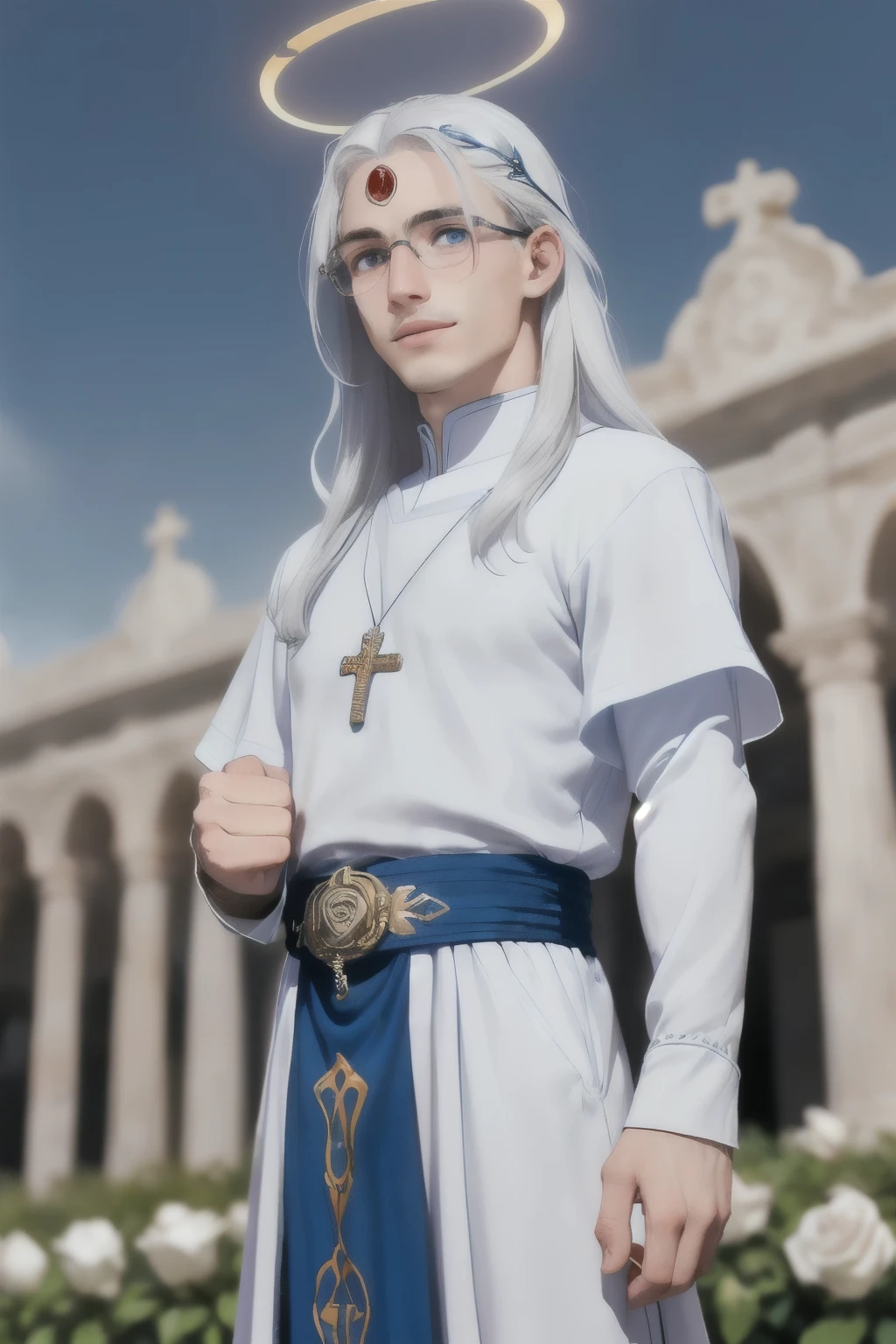 A young man, (((solo))), (25 years old, pale skin, tall, pale skin, with round glasses ,round face, square jaw, happy look, completely powder blue eyes, long white hair with bangs: 1.50, thin white eyebrows, gleeful face), (he has a small blue jewel in the middle of his forehead: 1.30) (he is a holy paladin, wears a costume of noble blue and white long fabric, with halo), (, with his fist on his chest beating continence, with a rosary in hand, in an a heaven like city, with white marble structures, with a rose garden in the background, blue sky, closeup, medieval fantasy), (he conjures a white energy around him)