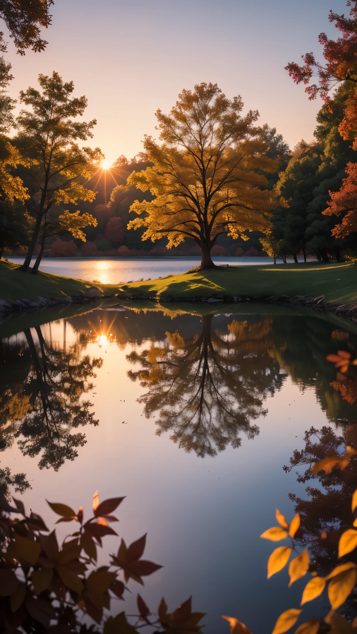  tree in autumn sunset lakeside where it reflects,depth of field,photorealistic,8k,ultra-deatiled,gorgeous color grading,harmonious colors,masterpiece