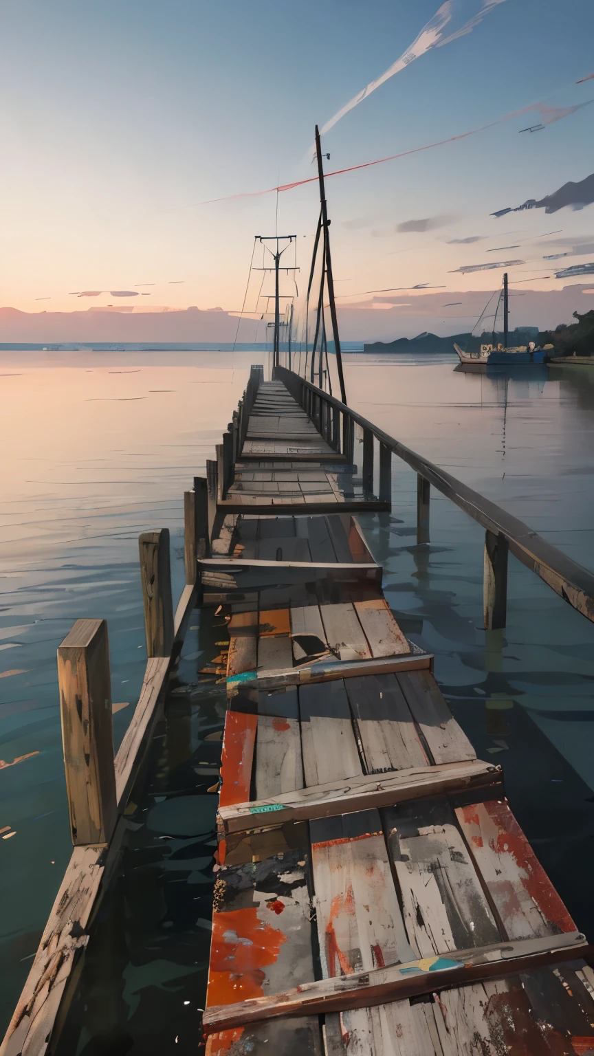A weathered, abandoned pier stretching out into a mist-covered lake or ocean, with remnants of old fishing boats and rusted equipment hinting at a bygone era of bustling maritime activity.