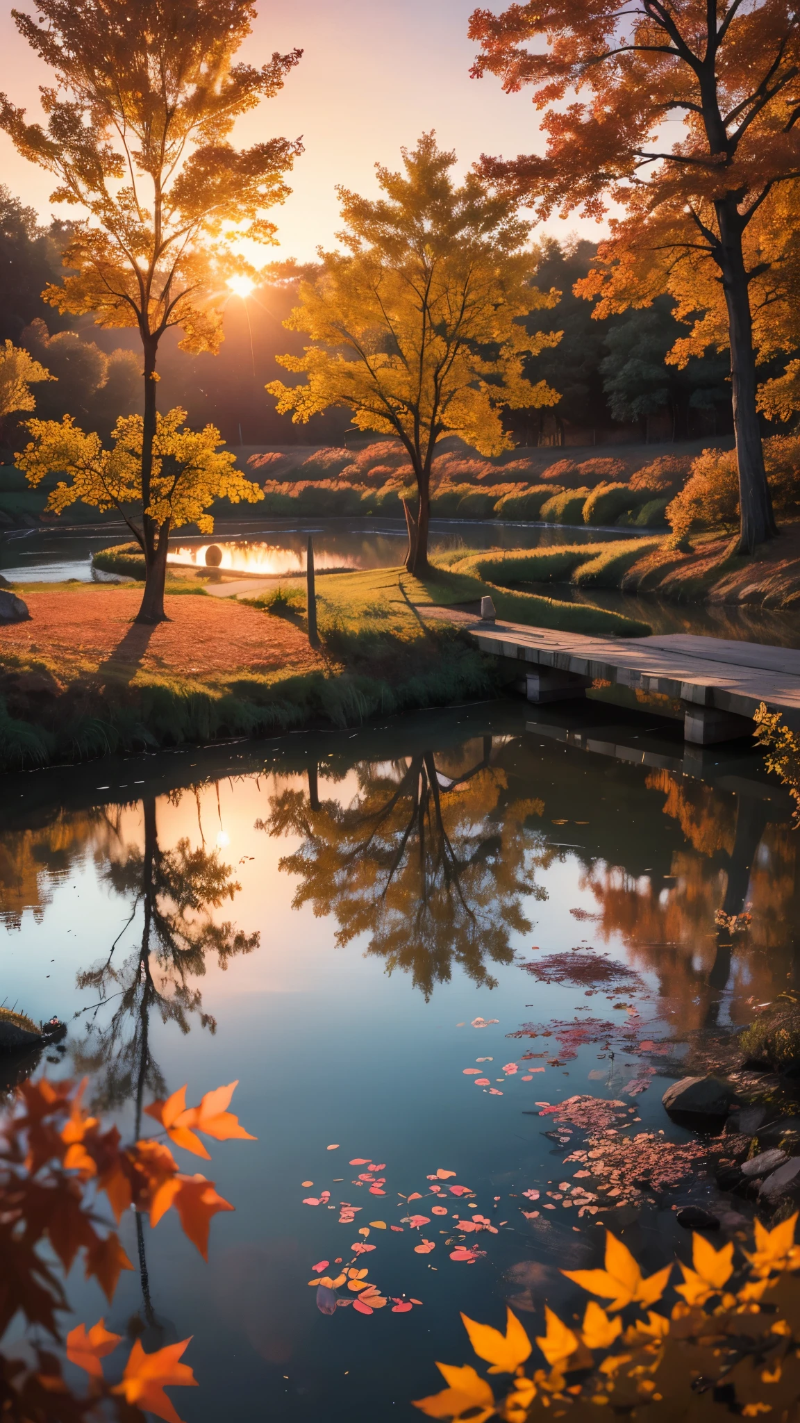  tree in autumn sunset lakeside where it reflects,depth of field,photorealistic,8k,ultra-deatiled,gorgeous color grading,harmonious colors,masterpiece