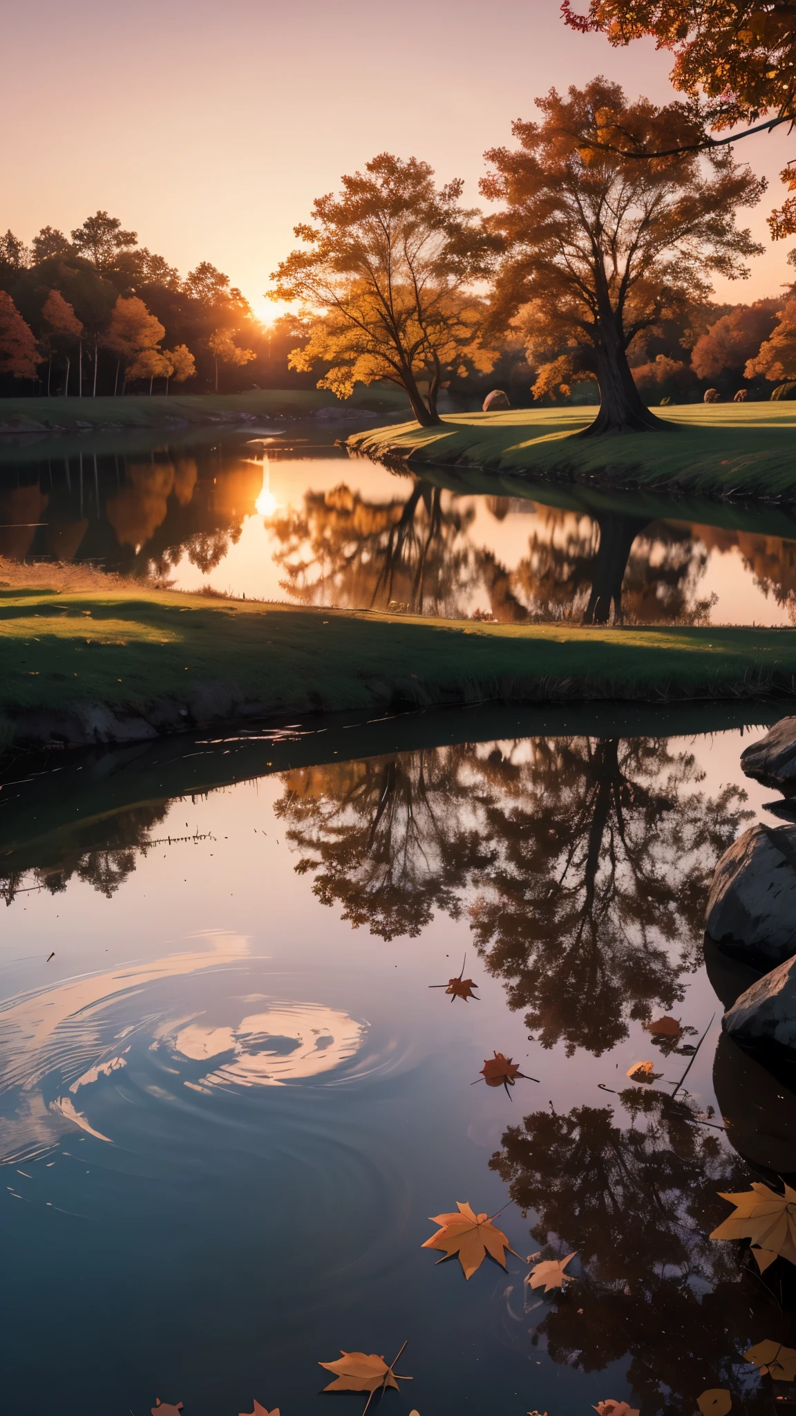  tree in autumn sunset lakeside where it reflects,depth of field,photorealistic,8k,ultra-deatiled,gorgeous color grading,harmonious colors,masterpiece