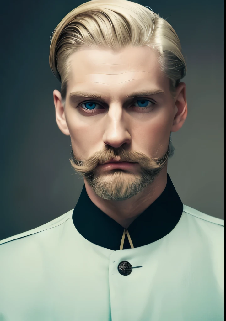 Adult male, white and tender skin, pale blonde slicked back combed short hair, kaisermustache and a ducktail beard, steel blue eyes, green and slightly mature, serious and emotionless facial expression,wearing world war 2 era german fatigues, portrait style, facing forwards