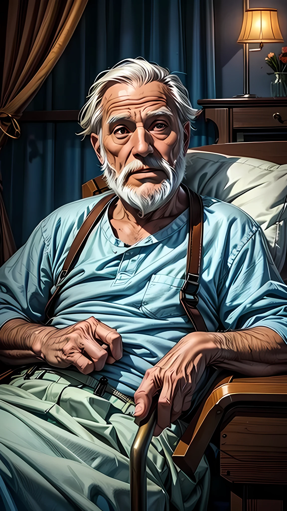 An elderly man with a white beard is lying in a hospital bed. He has a cane at his side and is wearing a blue shirt and suspenders.. The room is dimly lit and there is a vase with flowers on the right side..