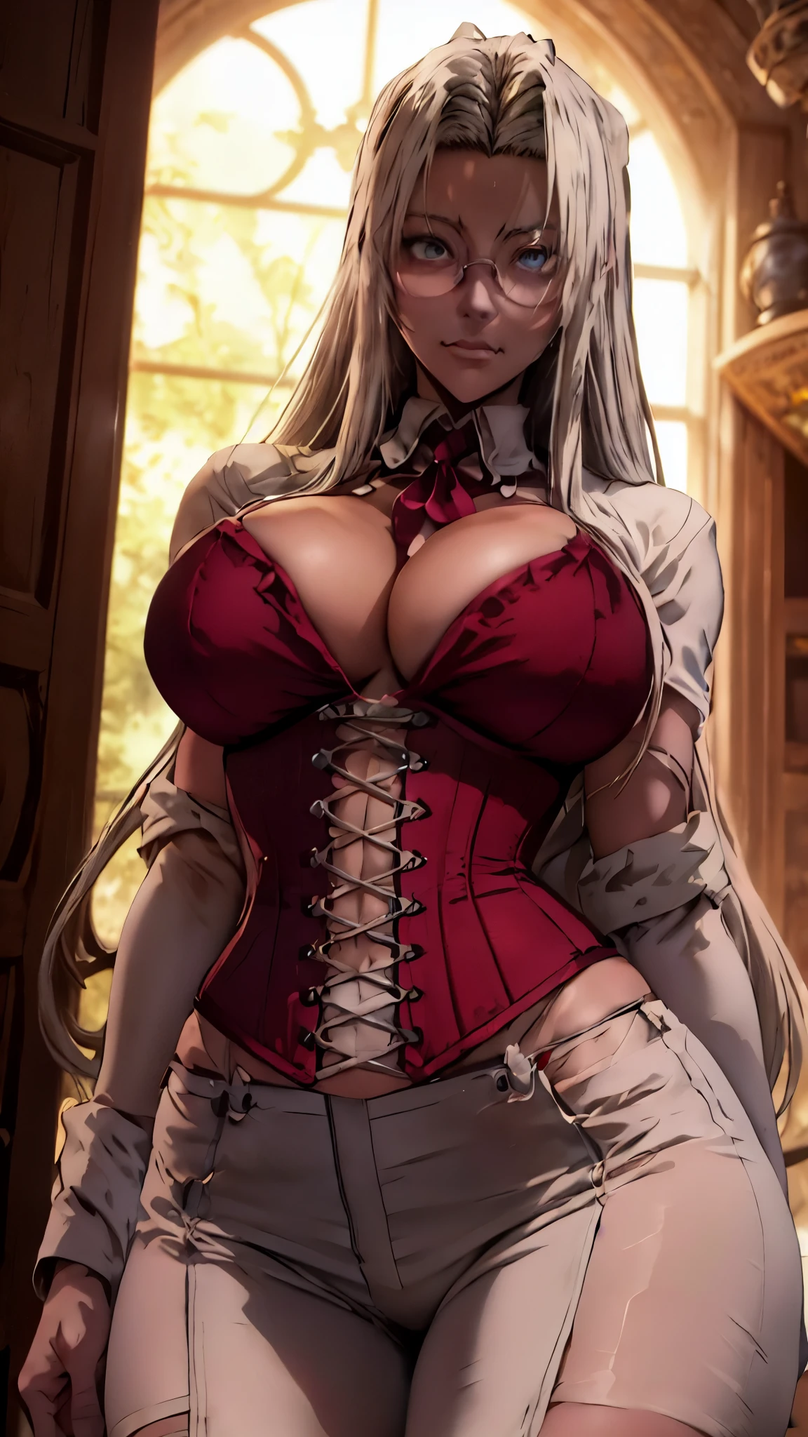 anime girl with glasses and a corset posing in a room, integra hellsing, tifa lockhart with white hair, cleavage, (sfw) safe for work, sfw version, seductive anime girl, commission for high res, , big breasts!, pixiv 3dcg, yoshitakka amano karol bak, portrait of tifa lockhart