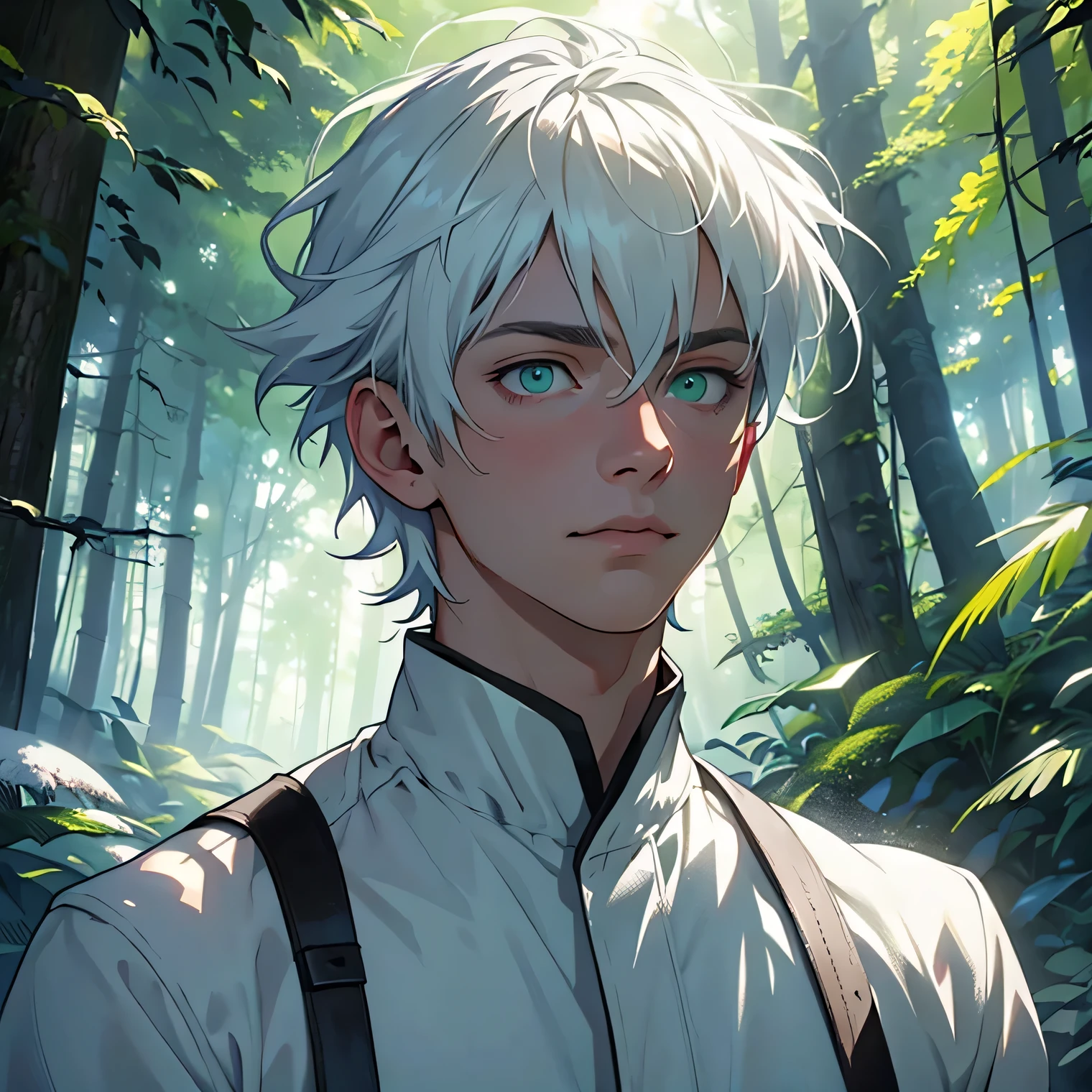 um menino, sozinho e desconhecido. Seu cabelo branco brilha como neve, contrastando com seus intensos olhos verdes. ambiente florestal, illustration, ultra-detalhado, cores vibrantes, lush vegetation, sunlight filtered through the trees, magical atmosphere, sombras misteriosas, retrato realista, soft, warm lighting.