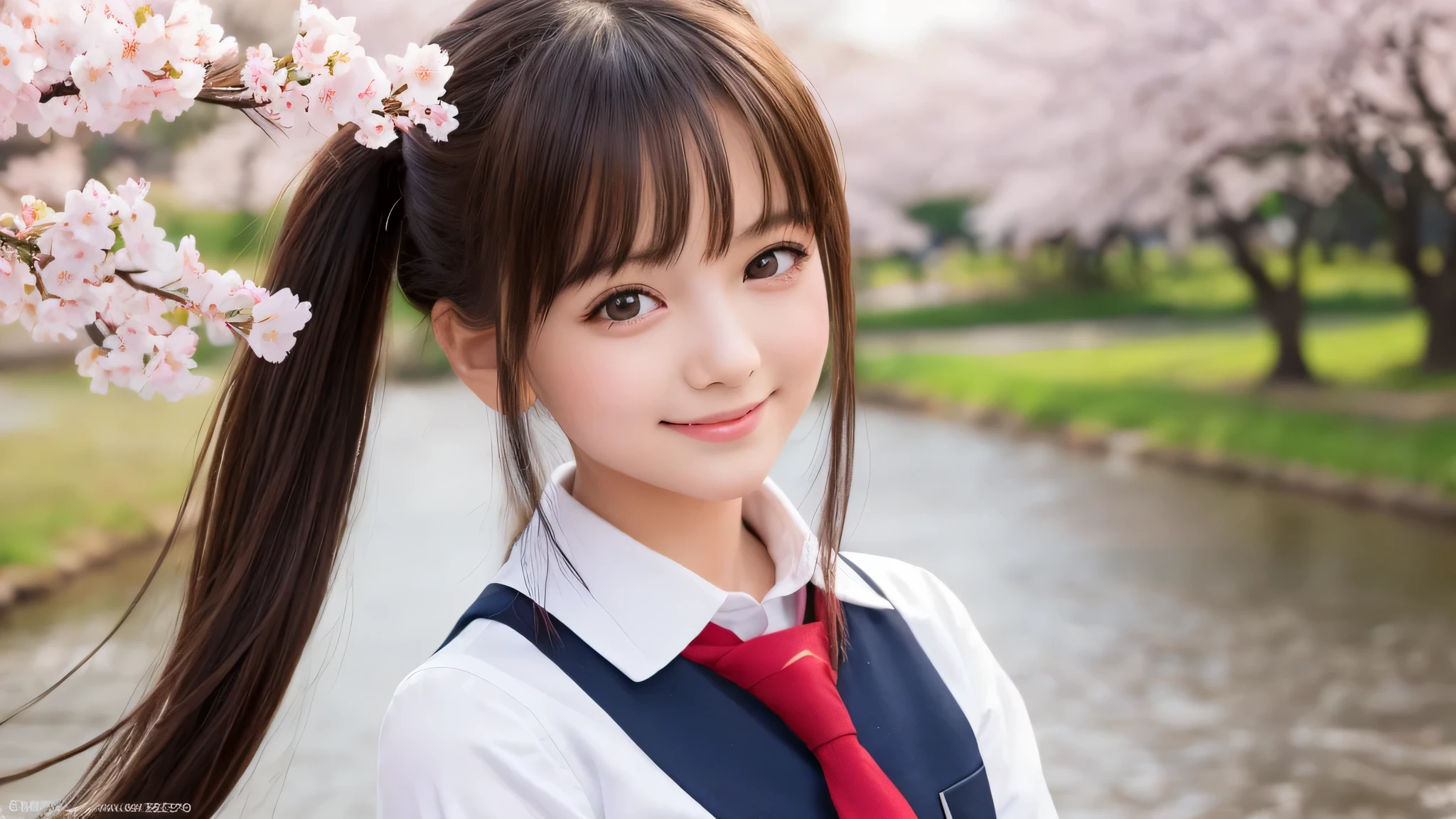 (1 girl), (big round eyes), cute smile, brown eyes, twin tails, (high school uniform:1.2), (highest quality: 1.4), (Super detailed), (highest quality:1.4), (Super detailed), evening, very high resolution, (Upper body), close up face, school anime, anime illustration, Cherry tree, (garden, River side), Hair fluttering in the spring breeze,