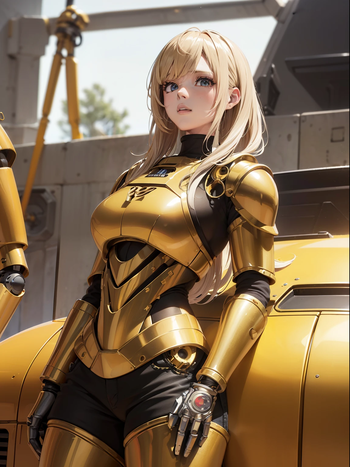 (Foto de cuerpo completo: 1.5), (a/mujer/rubia/mechanic: 1.5), (all mechanical bodies: 1.5), (with golden bionic armor: 1.5), engranajes blancos y negros, (Ve el espacio exterior dentro de una nave espacial cerca de la ventana.: 1.5), Abogado del mundo futuro, (Tiene un corte corto: 1.3), (ojos azules: 1.3), (animado style, animado, 16k, alta calidad, cuero texturizado, HD, premiado)
