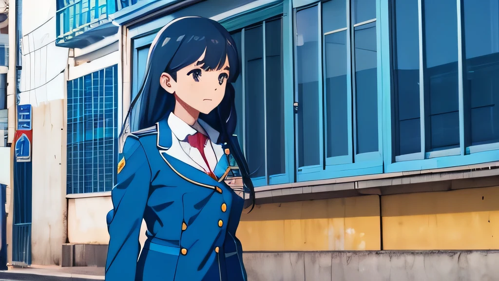 garota com uniforme escolar de cor branca e com faixa azul claro na diagonal, andando no corredor da escola