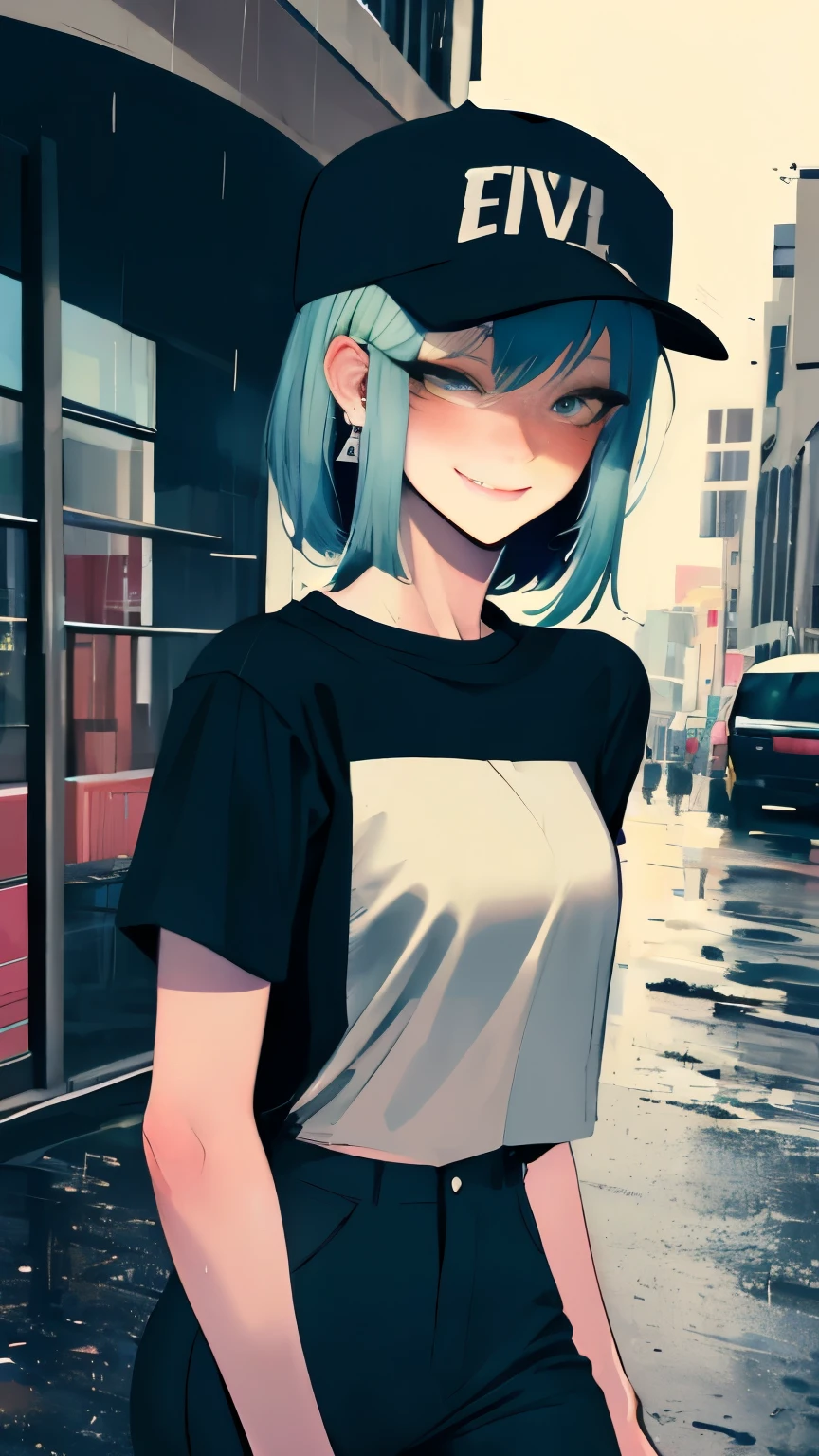 super resolution,
(realistic:1.3),
(1 slim girl), stylish girl, fashion,
young face, blush, (evil smile),
(slim) thigh,
baseball cap, earrings,
(black t-shirt), (baggy cargo pants),
gravure,
Rainy streets