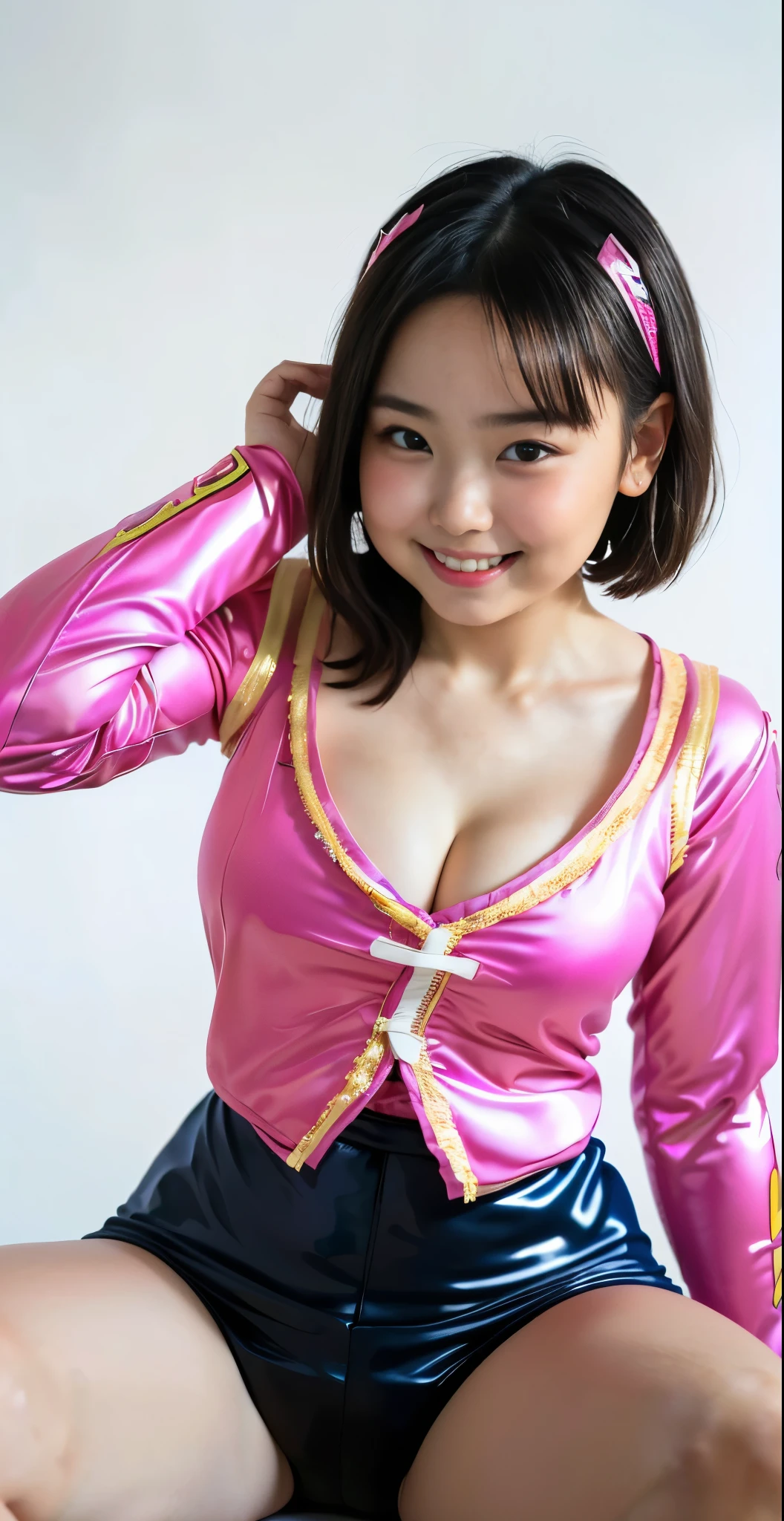 （8K、Raw photography、highest quality、masterpiece：1.2),(black haired、very short hair:1.8),(twin mitsu braid:1.4)、show viewer,Looking at the front,erotic,白いskin,(Bishoujo Sentai、She is wearing a shiny pink ranger costume 。.:1.9)、()、(Clothing that emphasizes the shape of your chest、publish one&#39;skin:1.8)、(big breasts :1.4)、slim body shape、ultra high resolution,beautiful,beautiful fece,(alone、no background:1.9),whole bodyボディー,japanese woman,（Photoreal：1.37）、photon mapping,reality、(Baby-faced and cute: 1.1)、(cute smile: 1.7)、(With a round face: 1.8)、radio city、Physically based rendering、depth of field rally background、photograph, (I can see your knees,bottomless、spread your legs wide、close up of thighs:1.6),whole body、super fine