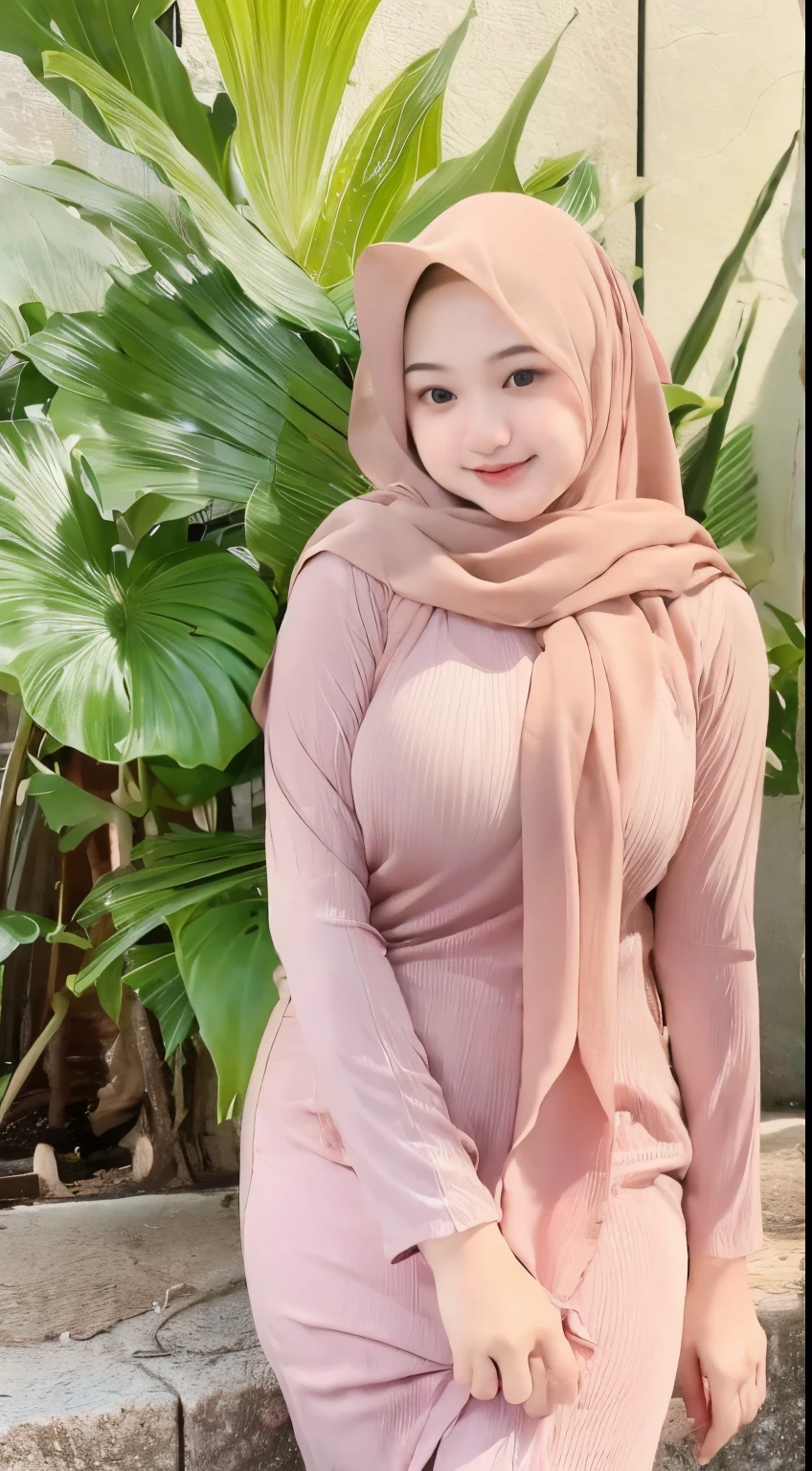 1 indonesian ijab girl, 18 years old, modern plain hijab, shy, medium portrait, watery eyes, pink glowing particles, wearing pastel pink open breasts kebaya, ((big breasts)), open breasts, breast out, pink light bokeh background, well-proportioned body, full body shot, Selfi 