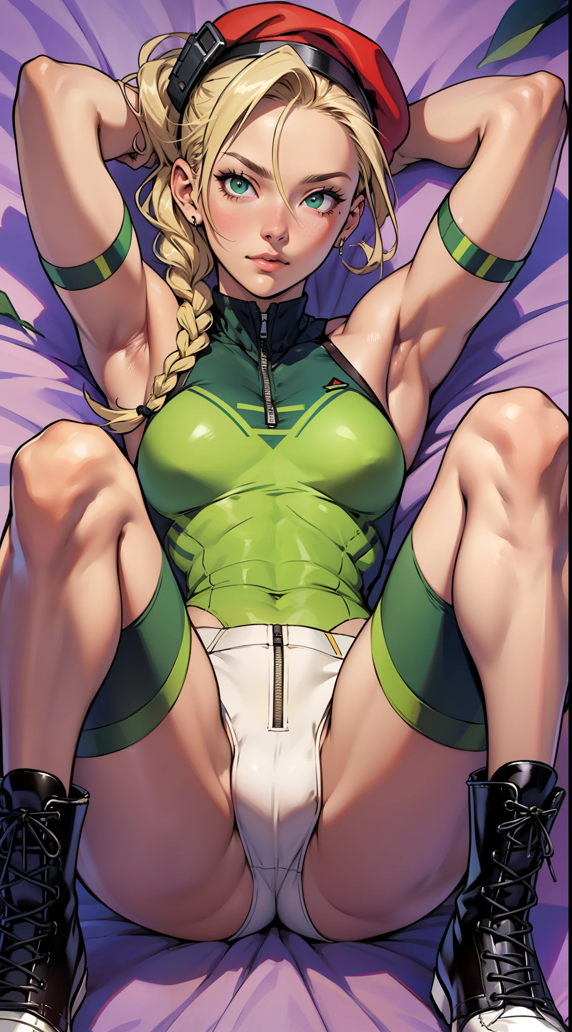 (high quality, best rendering), (beautiful girl, Cammy), (bomb, pin-up style), hot, floss, perfect body, small breasts, fitness, blonde, two long braids, elaborate hair, on bed, sleeping on your back, almost naked, psychopath, crazy face, body facing forward, legs spread, hands behind head, torn pale green leotard, red beret, combat boots, pastel, center, scales to fit dimensions, camel toes,