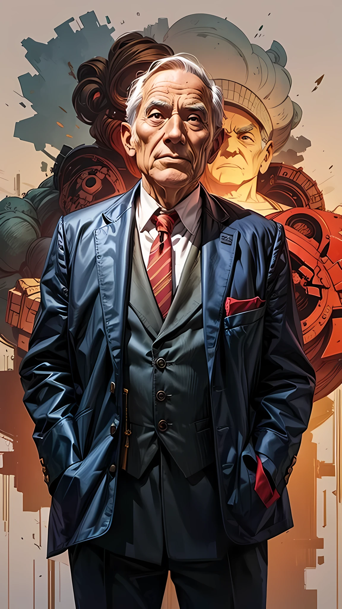 Um homem mais velho fica, oficial de fundo