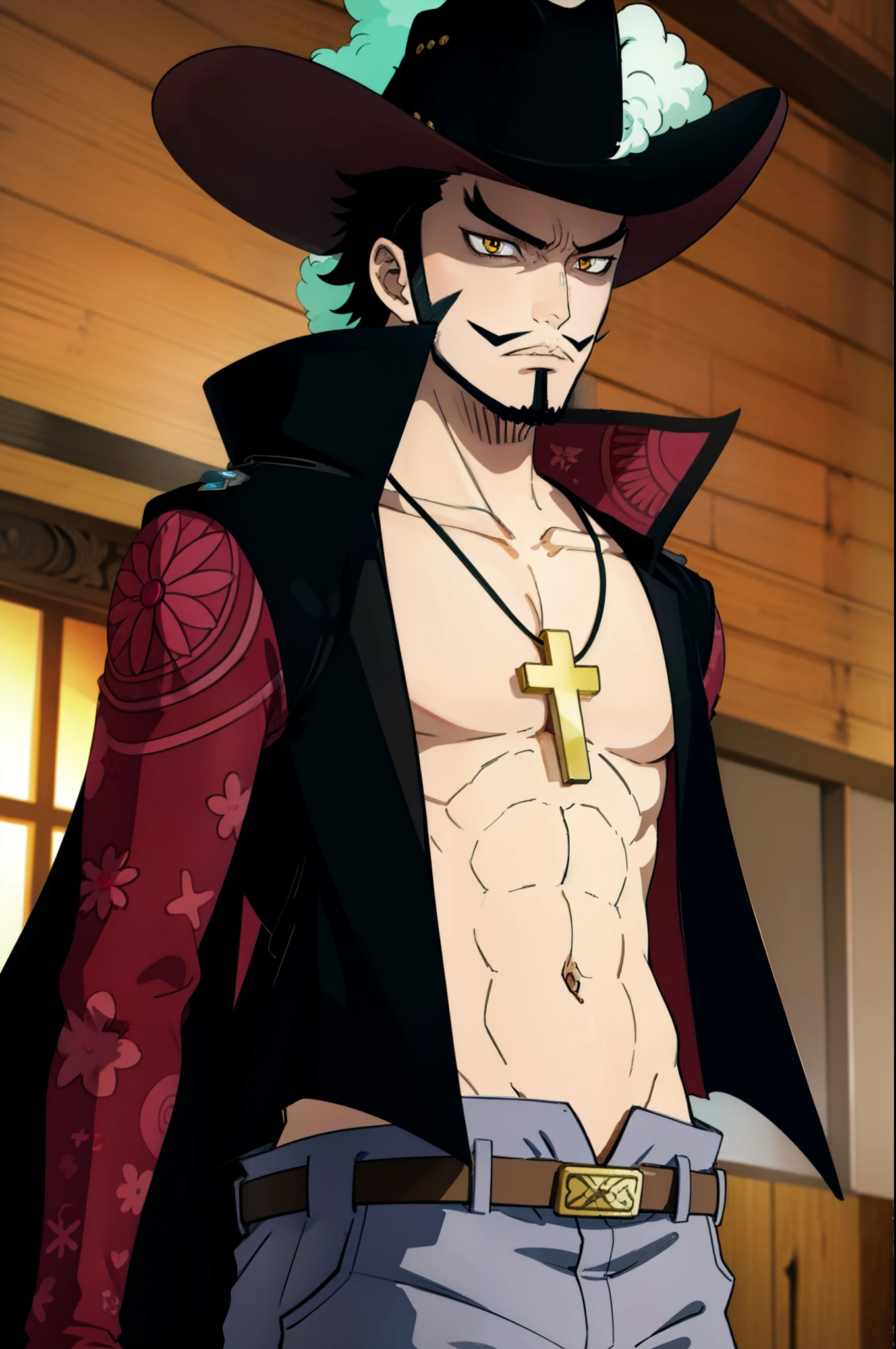 good anatomy, masterpiece, best quality, 1boy, solo, looking at viewer,straight-on, scenery, upper body,
ANIME_OP_dracule_mihawk_ownwaifu,www.ownwaifu.com,
facial hair,beard,abs,black hair,yellow eyes,mustache,muscular,pectorals,goatee,long sideburns,sideburns,short hair,spiked hair,manly,toned,stubble,thick_eyebrows,
hat,jewelry,necklace,belt,coat,pants,open clothes,cross,pirate hat,cross necklace,cape,open coat,bare pectorals,black headwear,fur trim,latin cross,long coat,navel,jacket,open_jacket,topless male,hat_feather,white_pants,
