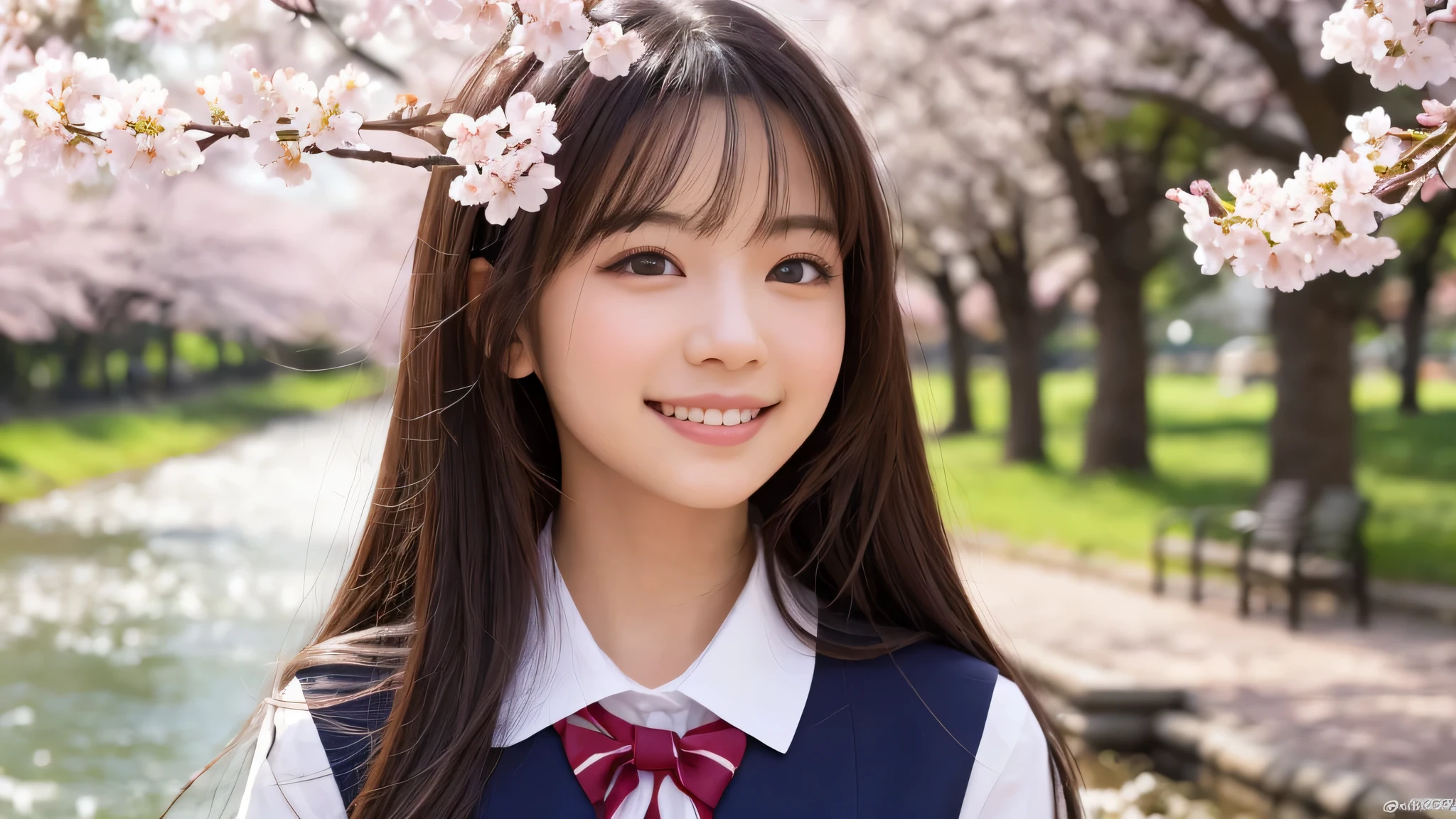 (1 girl), (big round eyes), cute smile, brown eyes, (high school uniform:1.2), (highest quality: 1.4), (Super detailed), (highest quality:1.4), (Super detailed), evening, very high resolution, (Upper body), close up face, school anime, anime illustration, Cherry tree, (garden, River side), Hair fluttering in the spring breeze, Cherry blossom trees, Cherry tree in full bloom,