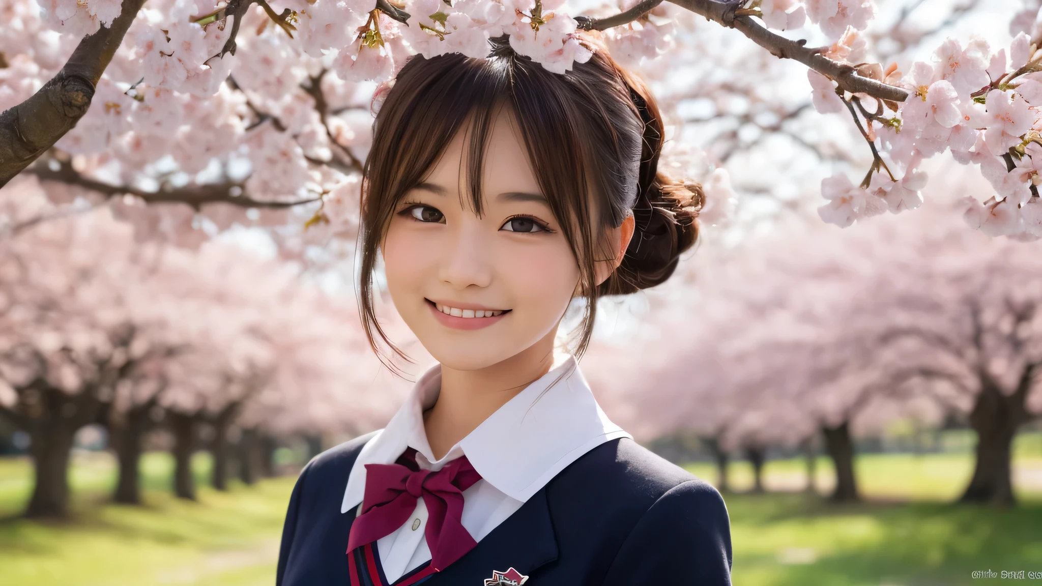 (1 girl), (big round eyes), cute smile, brown eyes, (high school uniform:1.2), (highest quality: 1.4), (Super detailed), (highest quality:1.4), (Super detailed), evening, very high resolution, (Upper body), close up face, school anime, anime illustration, Cherry tree, (garden, River side), Hair fluttering in the spring breeze, Cherry blossom trees, Cherry tree in full bloom,
