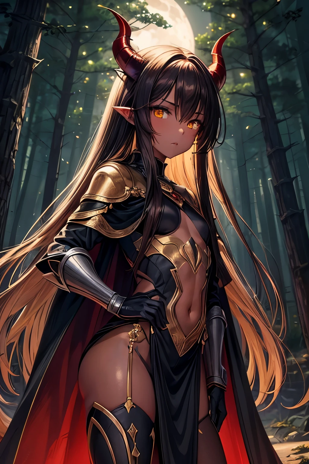 best quality, nsfw, extremely beautiful, beautiful face, long straight brown hair, yellow eyes, (Shiny dark red skin : 1.2), skinny, small breast, Demon horns, revealing dark armor, dark cape, in a dark forest at night, moon in background