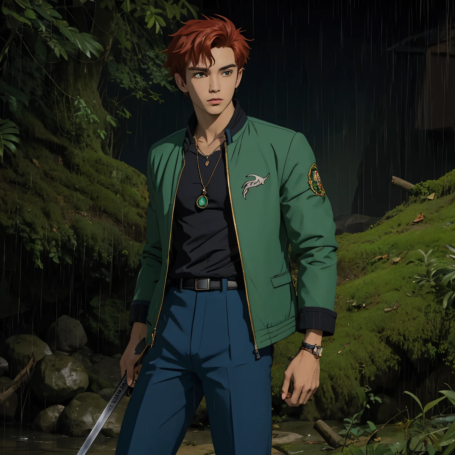 Garoto de , de pele bronzeada, short and messy red hair, olhos amendoados. He wears a green jacket and pants and, em um dos seus pulsos, has a bracelet with several pendants in the shape of mythical animals. in your right hand, segura apoiando no ombro um guarda-chuva estilo katana.