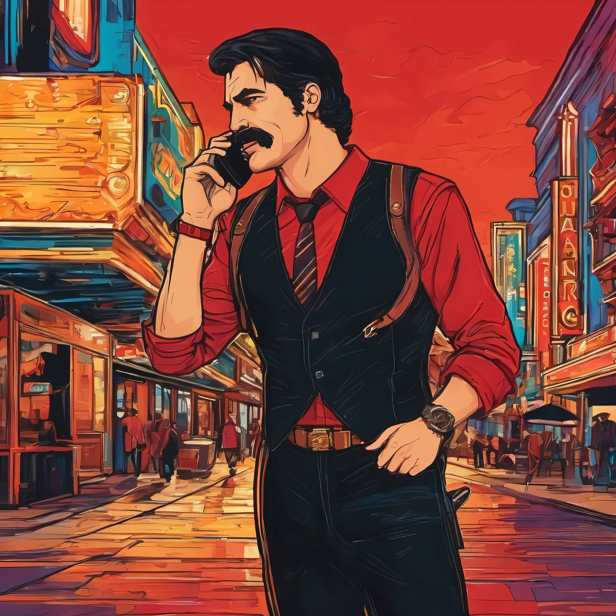 (obra maestra, Mejor calidad:1.2), 1 chico, solo, thenahualli, serious, dangerous man, elegant, black vest, red shirt, caminando, Talking on the phone, grab a briefcase with your hand, speaking by cell phone, wields a briefcase, paseando por las calles de Las Vegas, Las Vegas