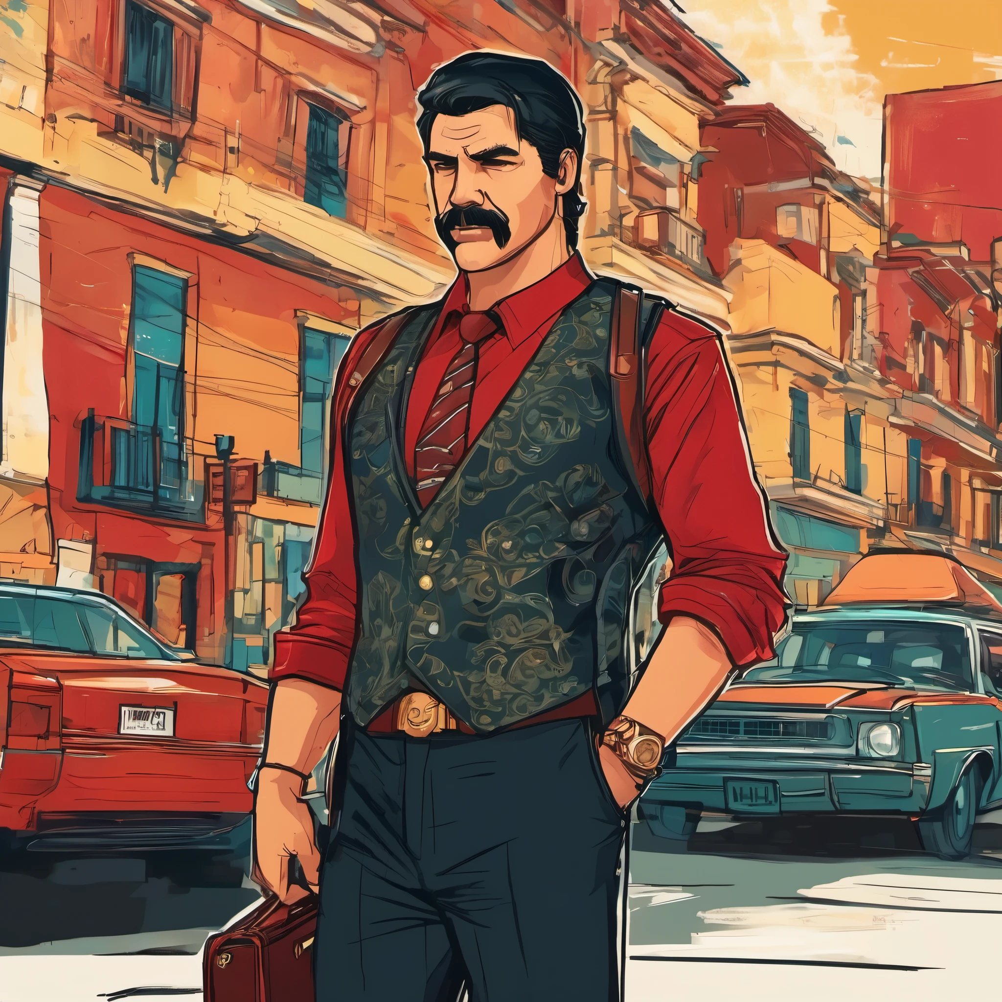 (obra maestra, Mejor calidad:1.2), 1 chico, solo, thenahualli, serious, dangerous man, elegant, black vest, red shirt, caminando, Talking on the phone, grab a briefcase with your hand, speaking by cell phone, wields a briefcase, paseando por las calles de Las Vegas, Las Vegas